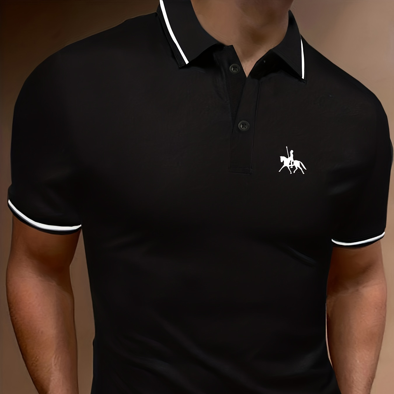 

Men's Horse Rider Print Golf Shirt, Casual Breathable Comfy Half Button Short Sleeve Shirt For Outdoor