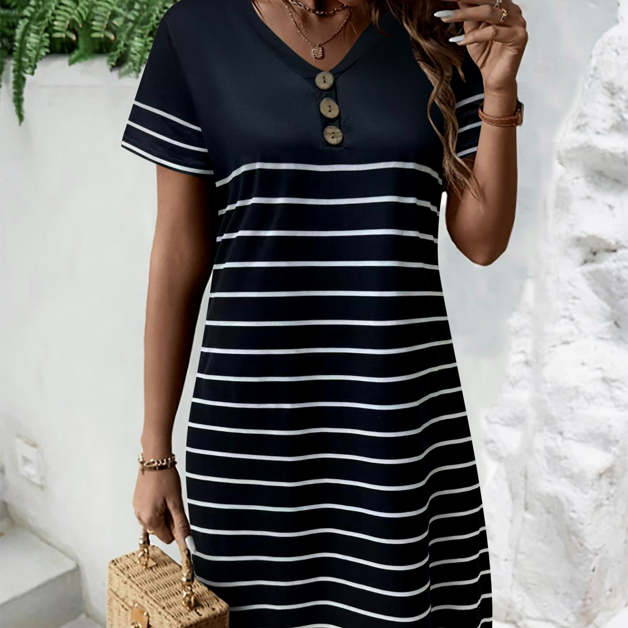 

Striped Print Button Decor Dress, Casual V Neck Short Sleeve Dress For Spring & Summer, Women's Clothing