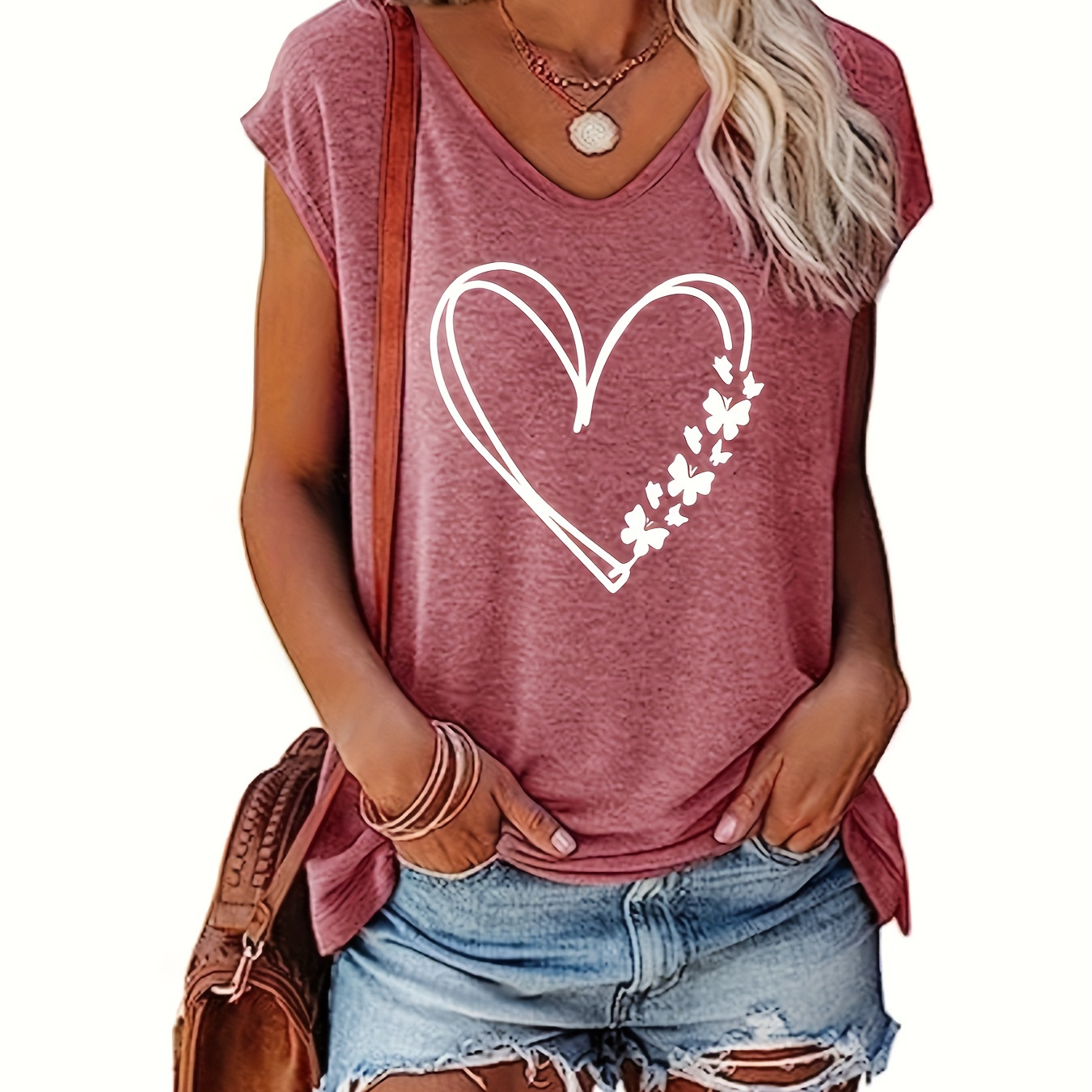 

Heart Print V Neck Tank Top, Casual Cap Sleeve Top For Summer, Women's Clothing