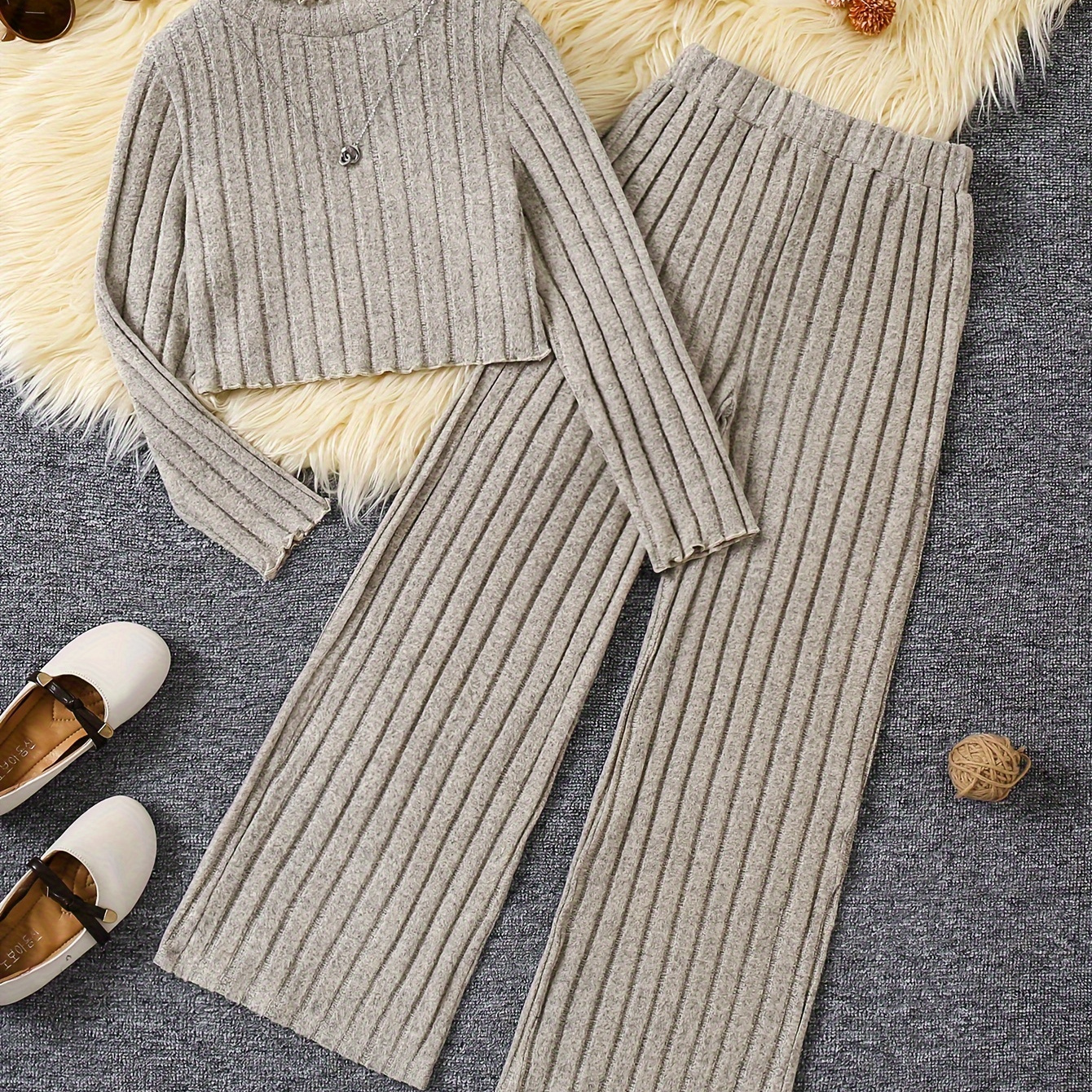 

Ribbed Knit 1 Set Girl's Long-sleeve Top + Wide-leg Pants - Spring & Fall Comfy Cute Casual Outfit, As Gift