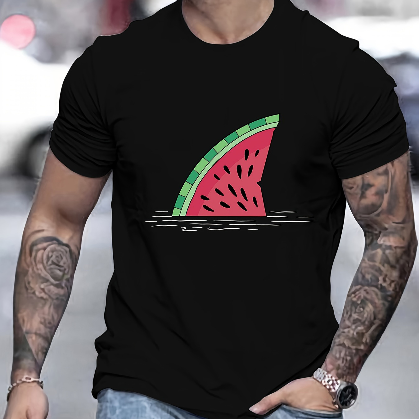 

Men's Casual Short-sleeved T-shirt, Spring And Summer Watermelon Creative Print Top, Comfortable Round Neck Tee, Regular Fit, Versatile Fashion For Everyday Wear