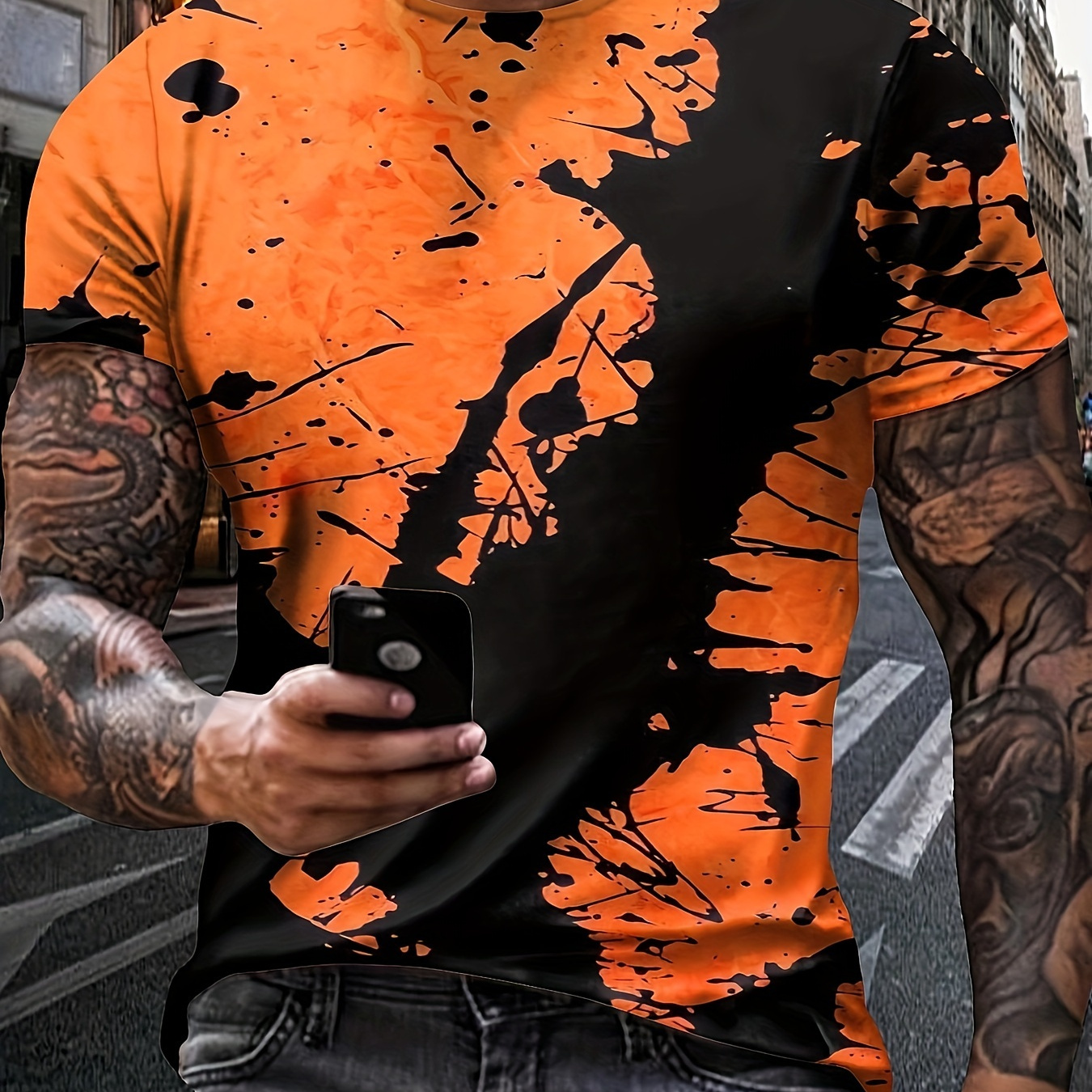 

Color Block Splash Ink 3d Print Men's Trendy Sports Short Sleeve Crew Neck T-shirt, Summer Outdoor