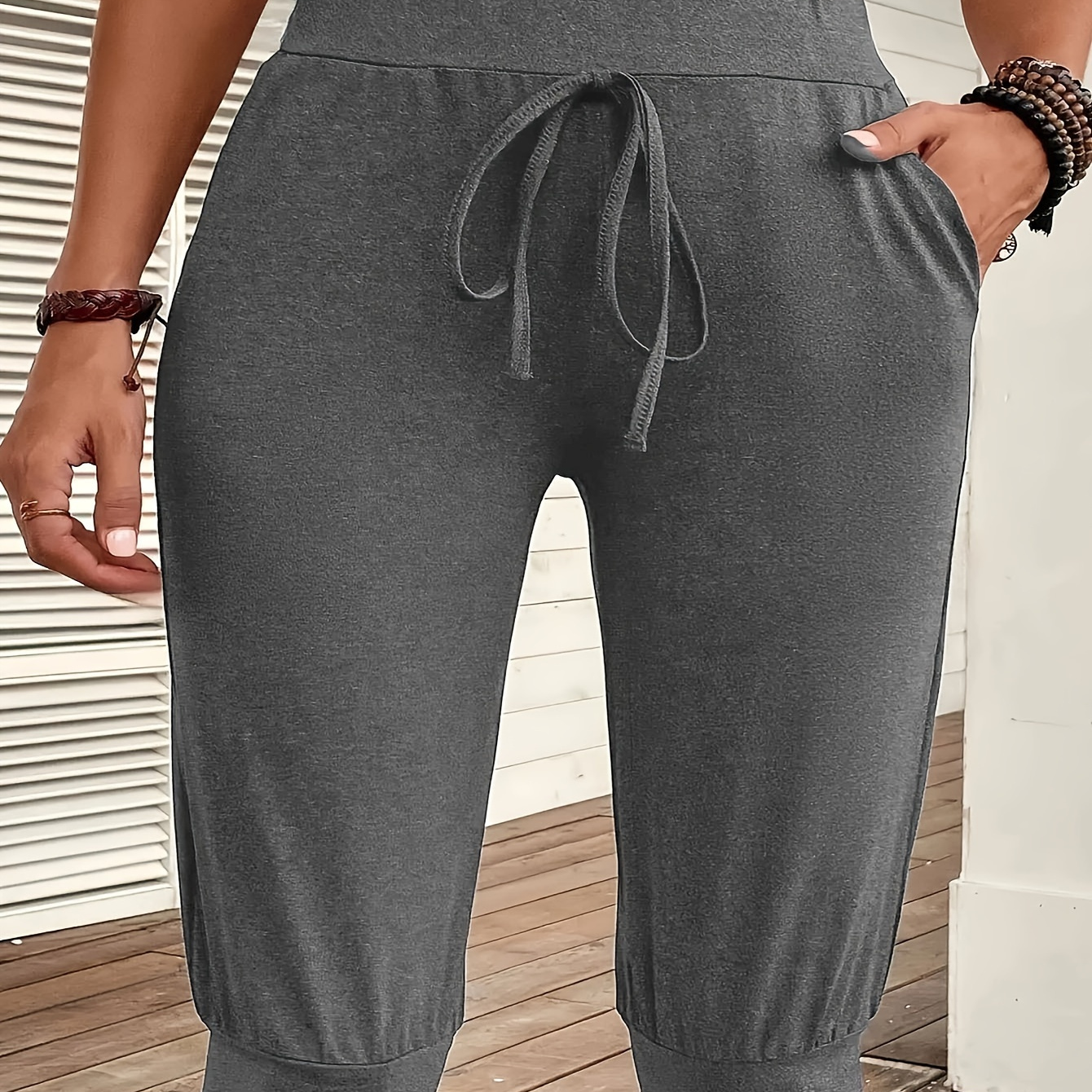 

Pantalon de pont froncé à poches grande taille, pantalon décontracté à taille élastique pour le printemps et l'été, vêtements grande taille pour femmes