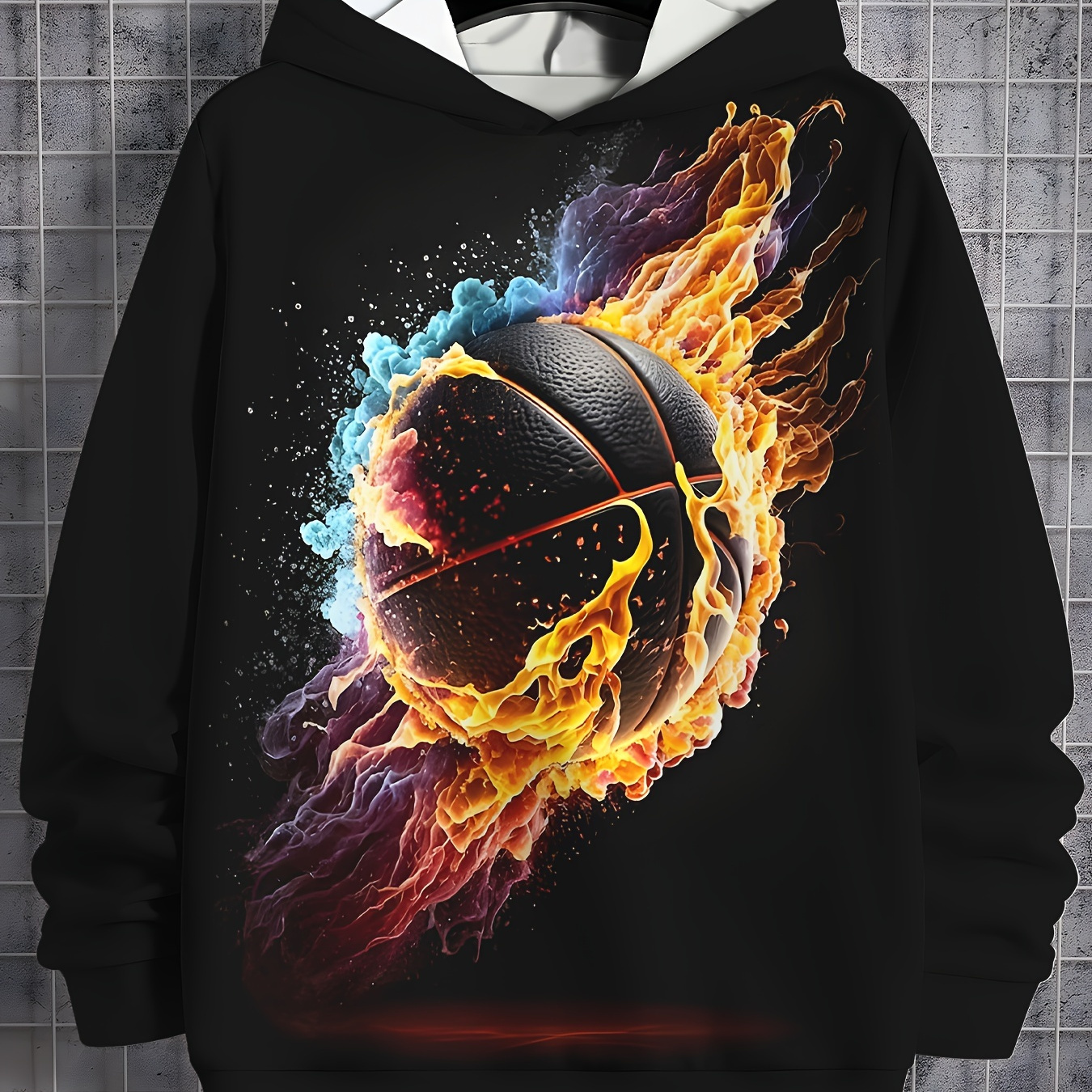 

Flame Basketball Print Youth Hoodie - Casual Polyester Pullover With Hood, Medium Stretch Knit Fabric, Spring/fall Sportswear For Boys 12 And Under