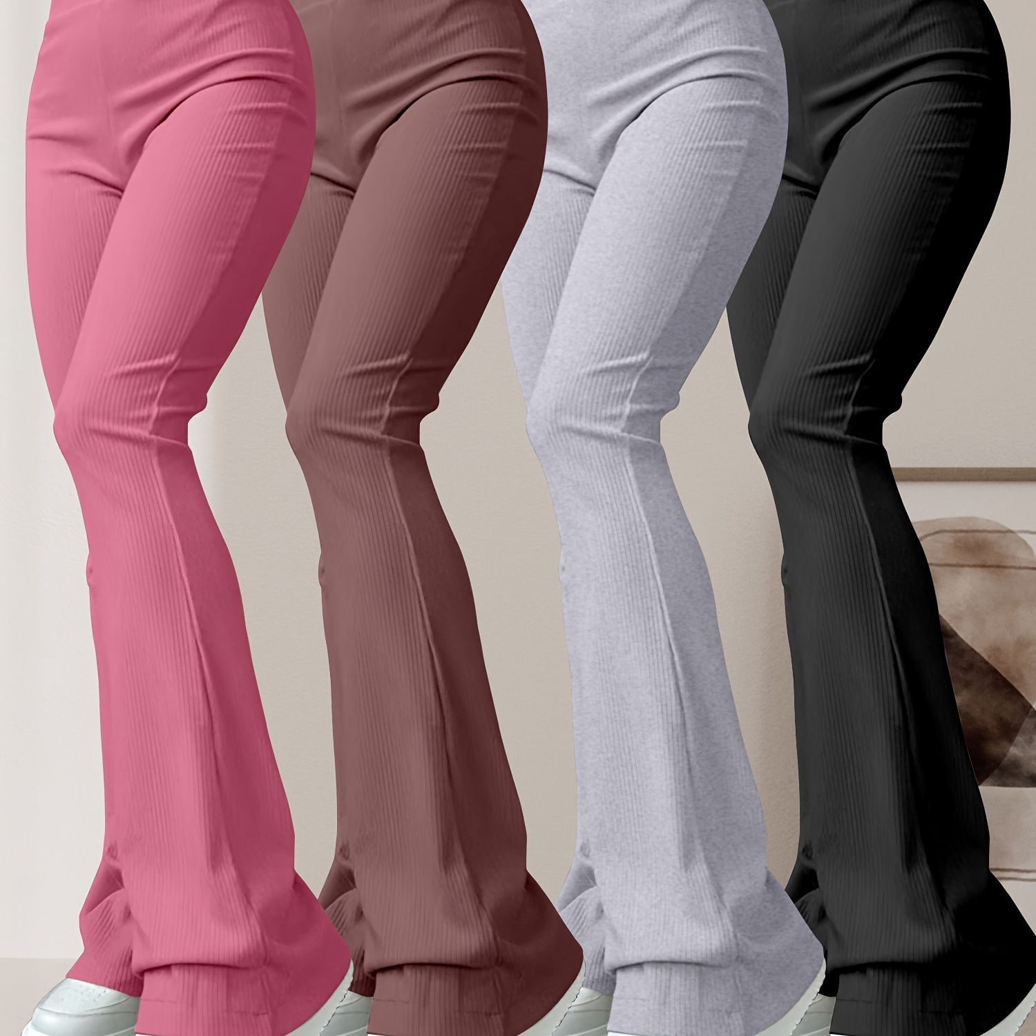 

4 Pack Solid Color Pants, High Waist Flare Leg Casual Pants, Women's Clothing