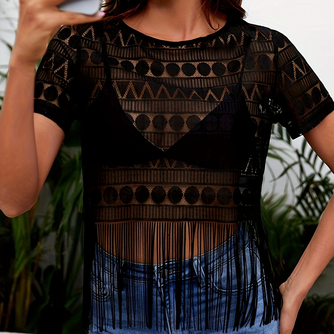 

Fringe Hem Illusion Crop Top, Sexy Short Sleeve Crew Neck Top For Summer, Women's Clothing