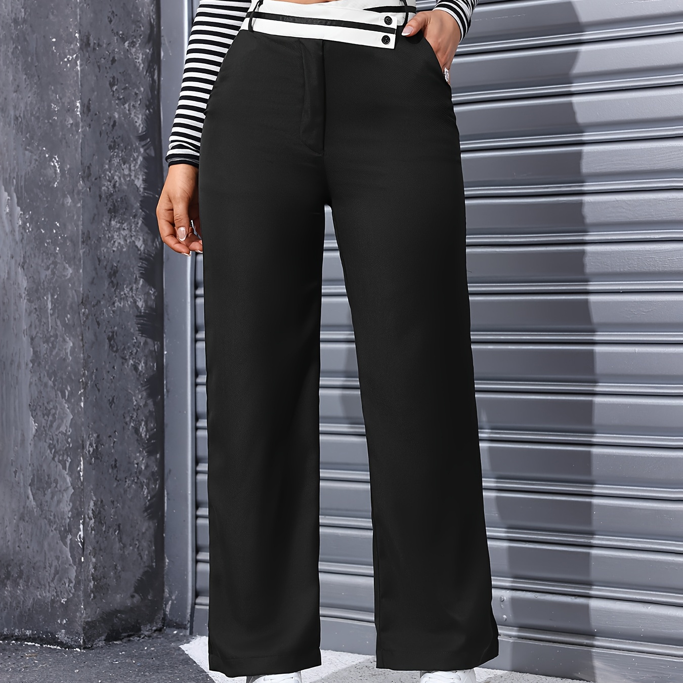 

1pc Women's Casual High-waist Wide Leg Trousers, Patchwork Polyester Woven Suit Pants