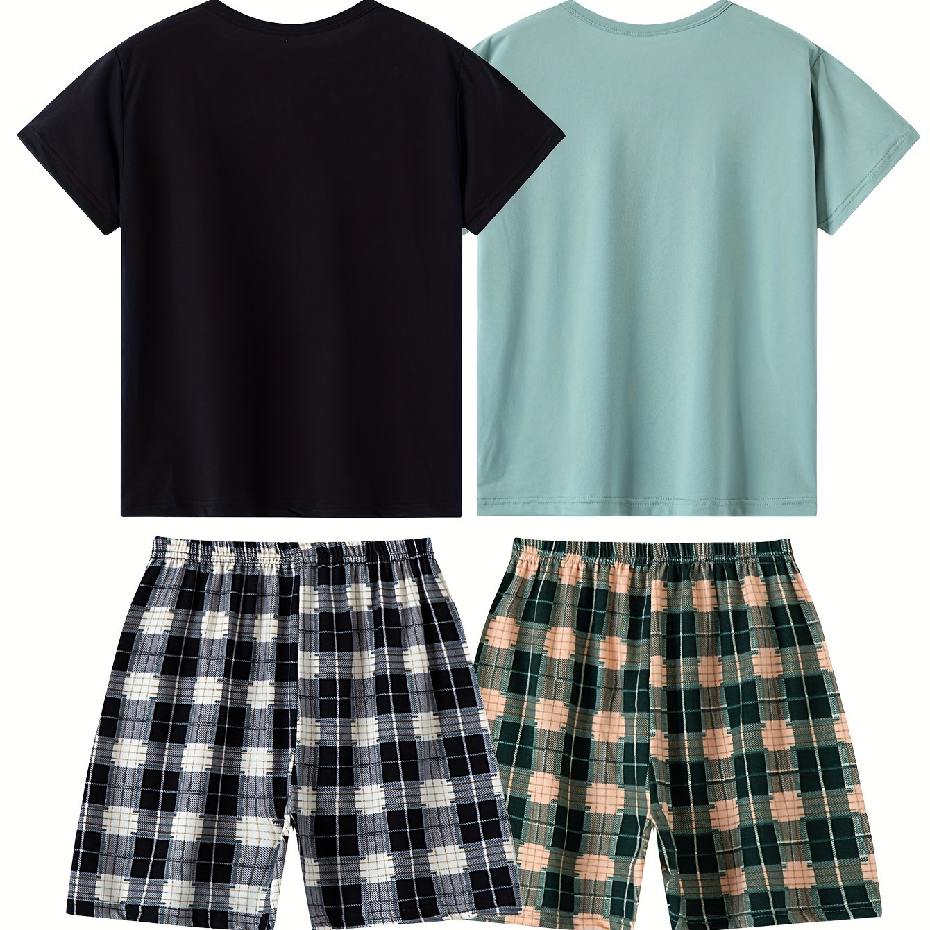 

4 Pcs Boy's Solid Color Short Sleeve T-shirts & Plaid Shorts Pajama Set, Comfy & Skin-friendly Pj Set, Boy's Loungewear, As Daily Gift