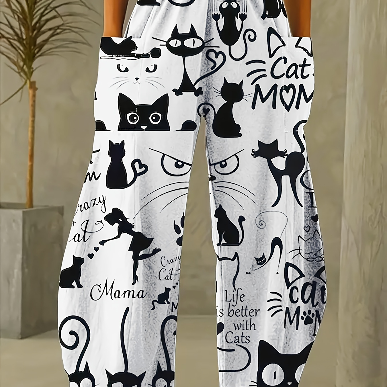 

Cat Print Patched Pocket Pants, Casual Elastic Waist Wide Leg Pants For Spring & Fall, Women's Clothing