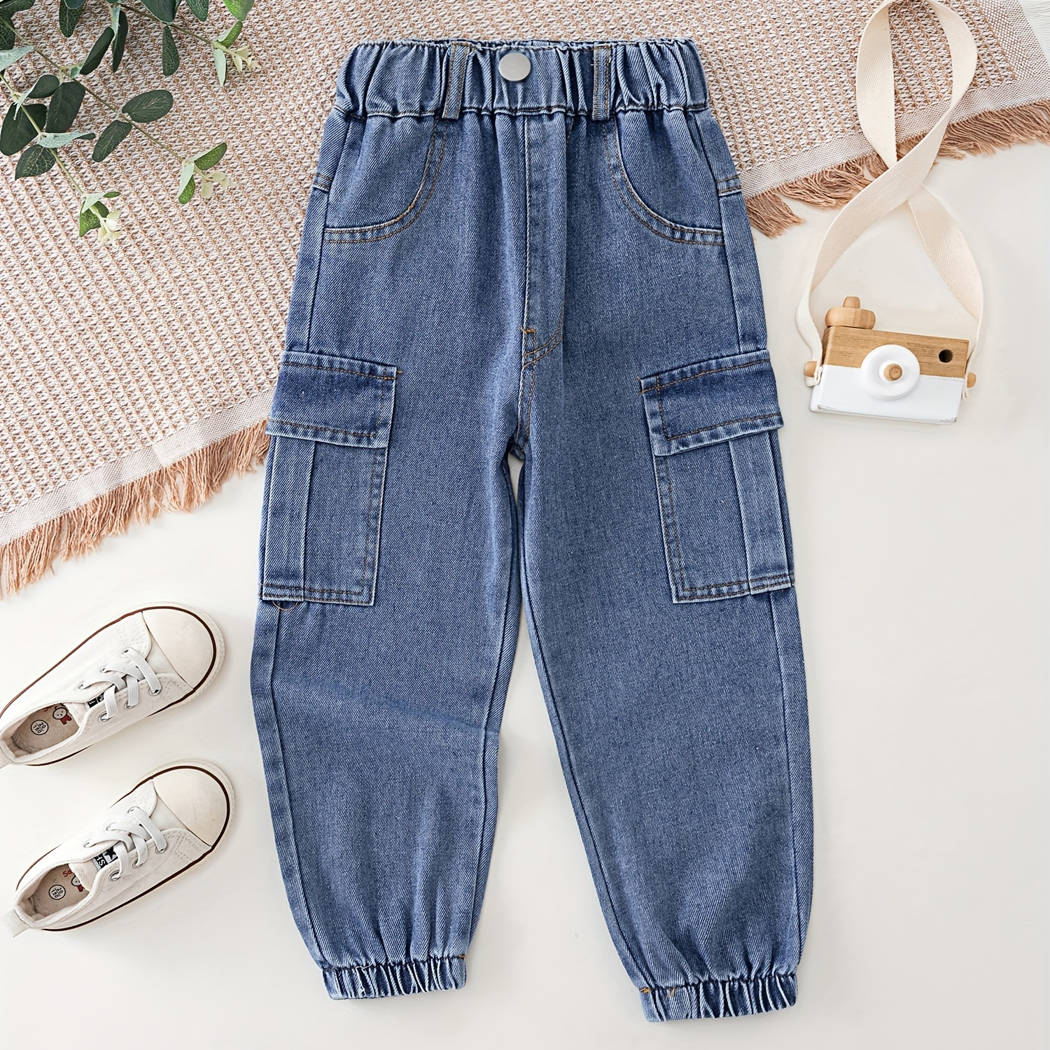 

Boys Cargo Denim Pants, Mid-waist, Full Length, Elastic Waist Jeans With Side Pocket, Casual Wear For All Seasons