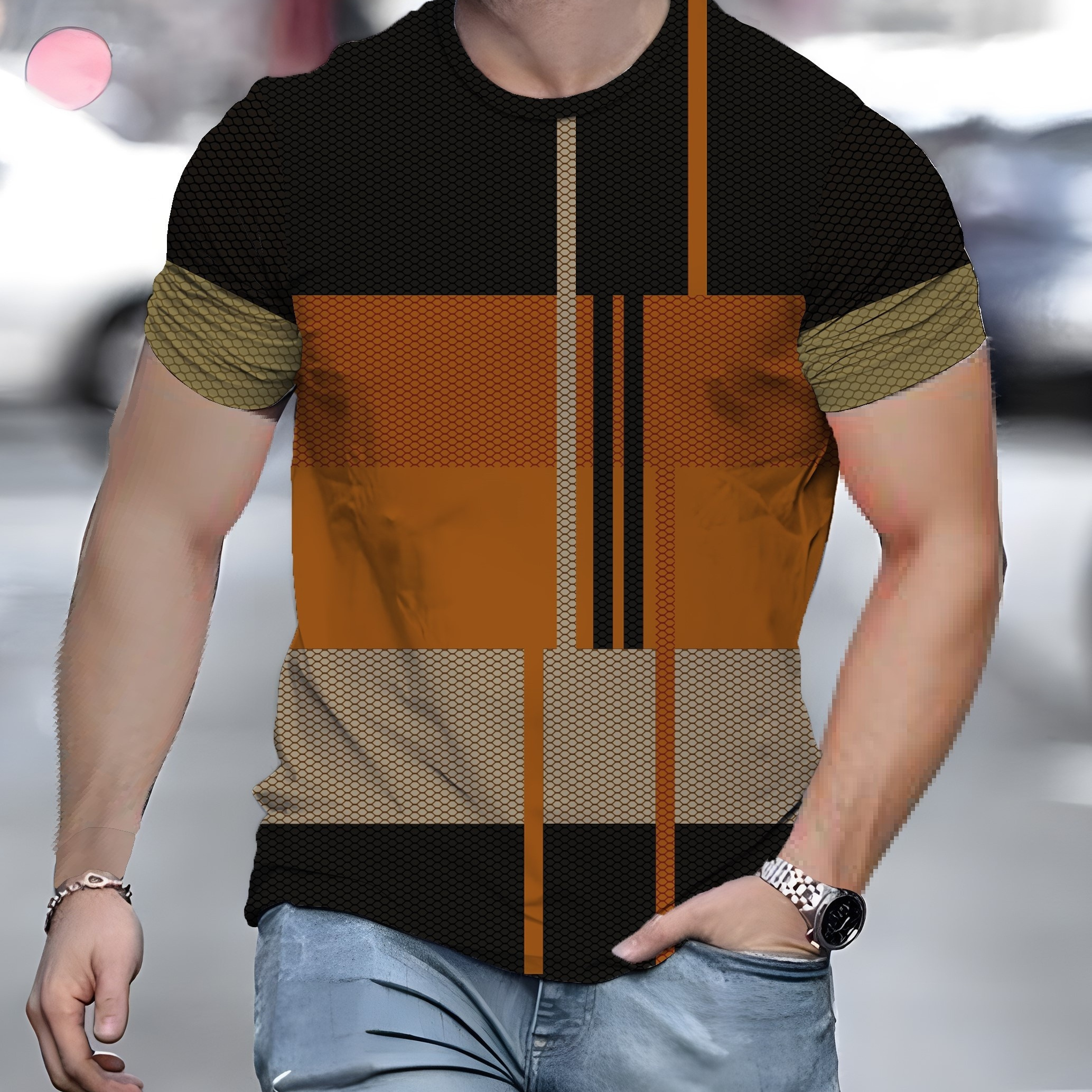 

Men's Stylish T-shirt With Fancy Color Block Pattern Print, Casual Comfy Tee For Summer, Men's Short Sleeve Top For Daily Activities