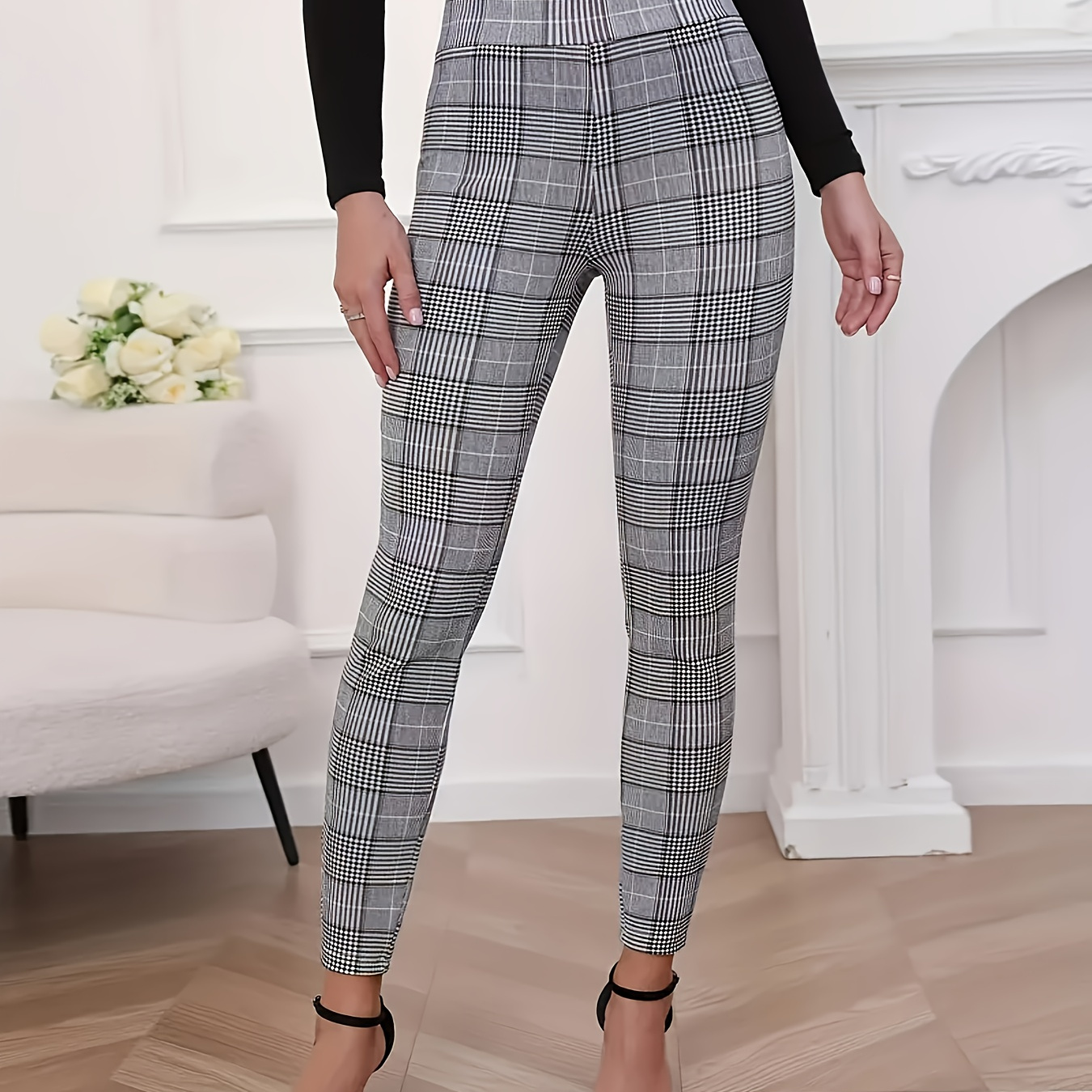 

[1pc High-waisted Leggings] 1pc Elegant High-waisted Ladies' Tartan Leggings - Stretchy, Machine Washable Polyester, Knitted Fabric, Fashion Base Layer Pants For Women