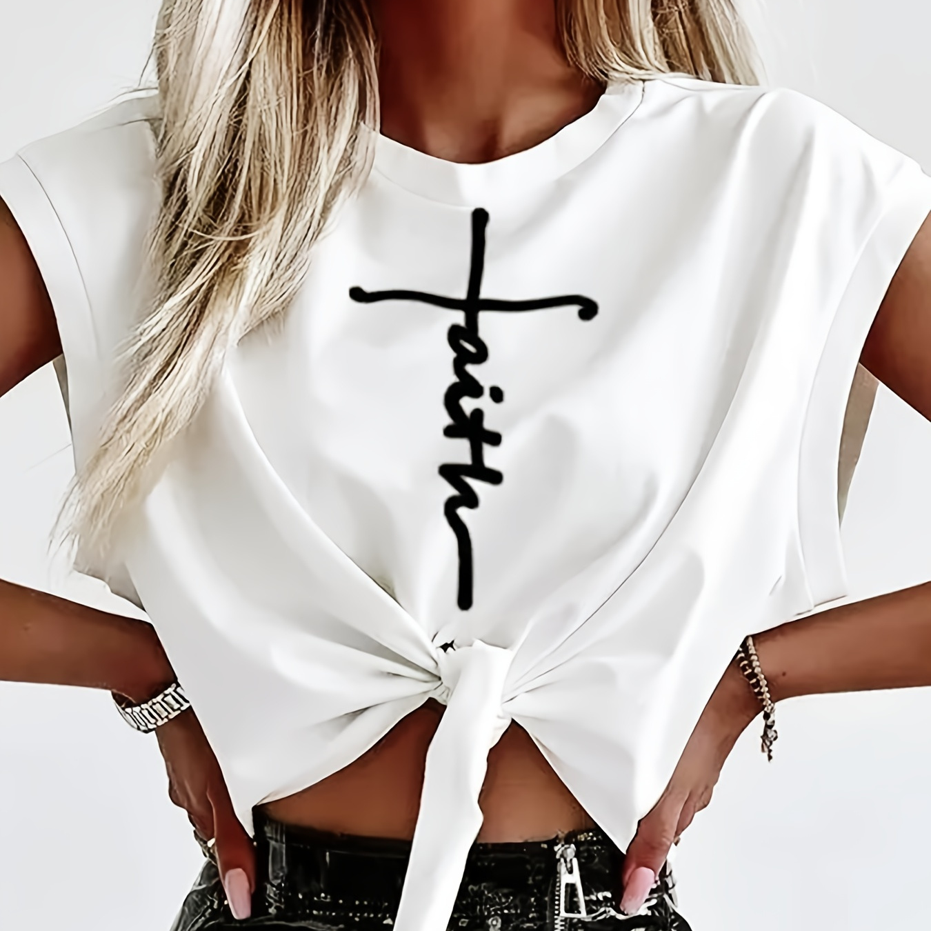 

Letter Print Tie Front Crop T-shirt, Casual Cap Sleeve T-shirt For Spring & Summer, Women's Clothing