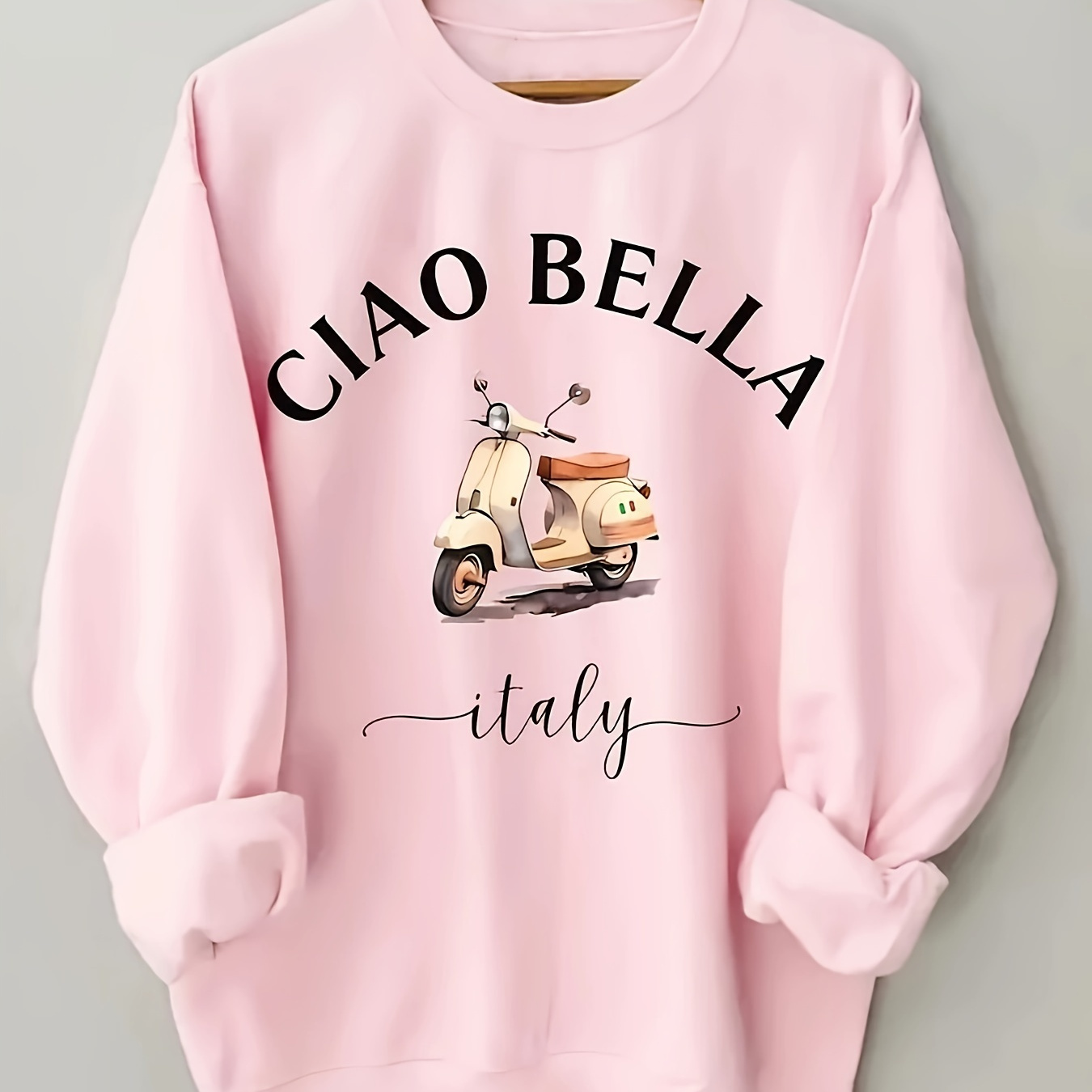 

Pink Sweatshirt With Bella Scooter Graphic - Women' Hoodie - Fall/winter Collection - Polyester Material - - Round Neckline - Cartoon Design - No Detail