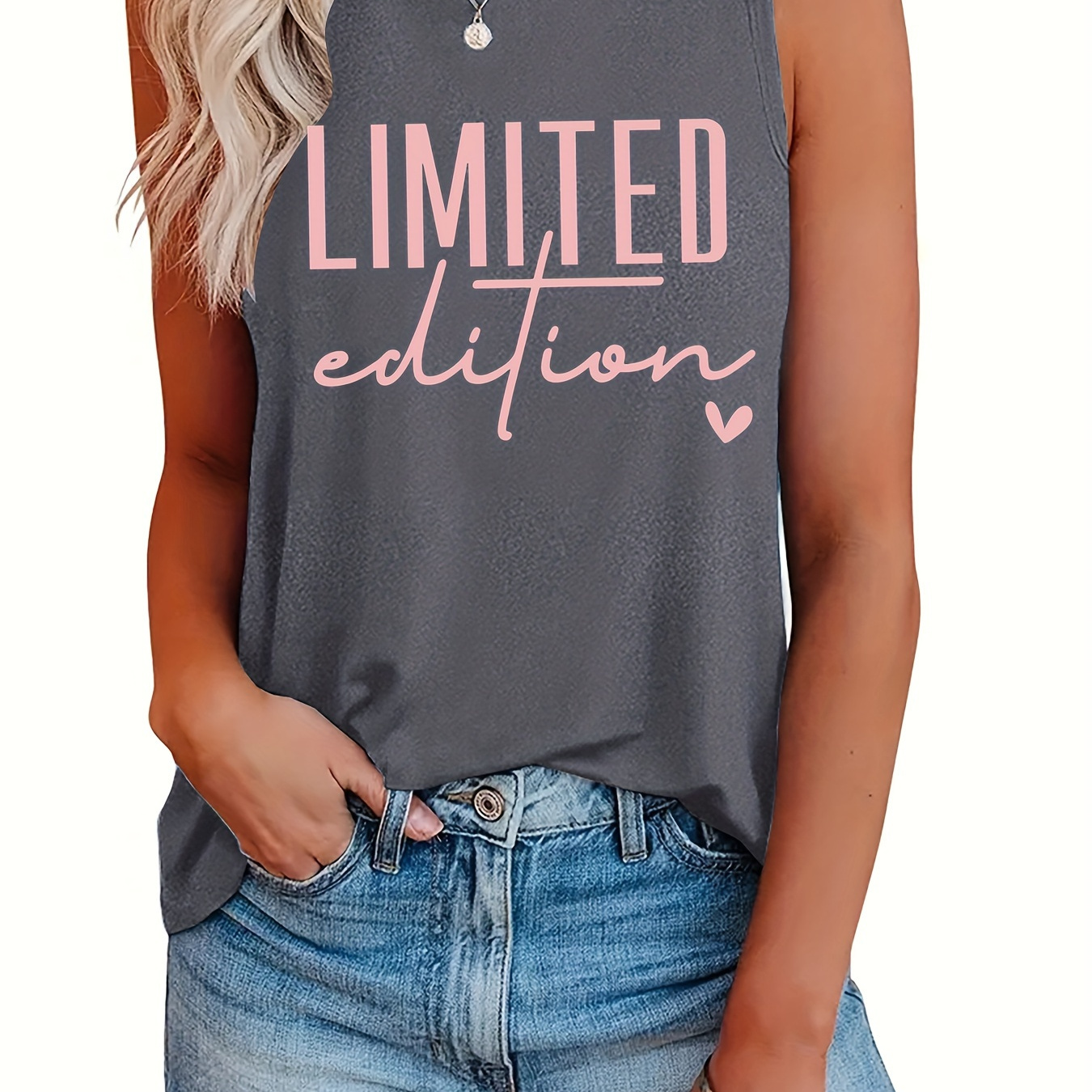 

Plus Size Limited Print Tank Top, Casual Crew Neck Sleeveless Tank Top For Summer, Women's Plus Size clothing