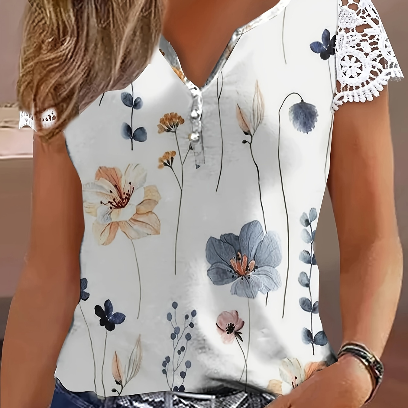 

Floral Print Guipure Lace Short Sleeve T-shirt, Notched Neck Casual Top For Summer & Spring, Women's Clothing