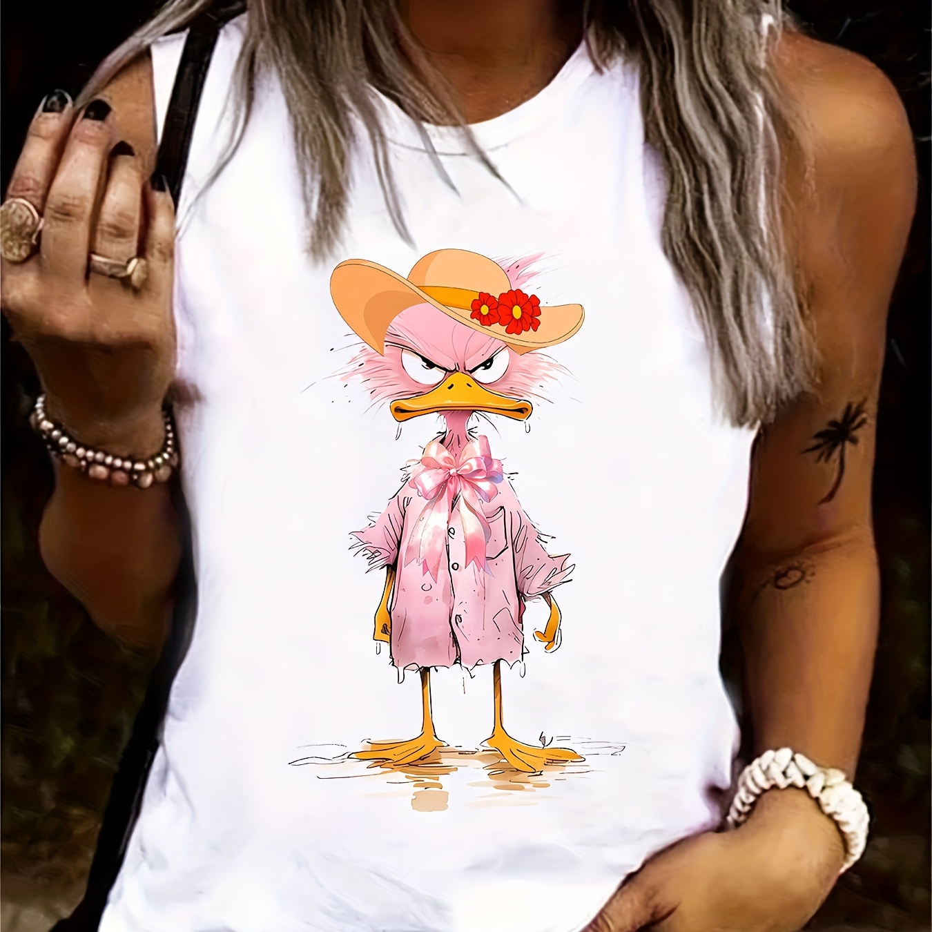 

Angry Duck Print Crew Neck Tank Top, Versatile Sleeveless Tank Top For Summer, Women's Clothing