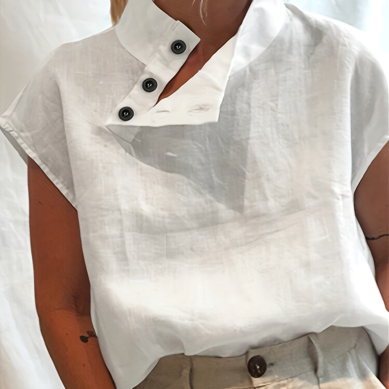 

Solid Button Front Blouse, Casual Short Sleeve Mock Neck Blouse For Spring & Summer, Women's Clothing