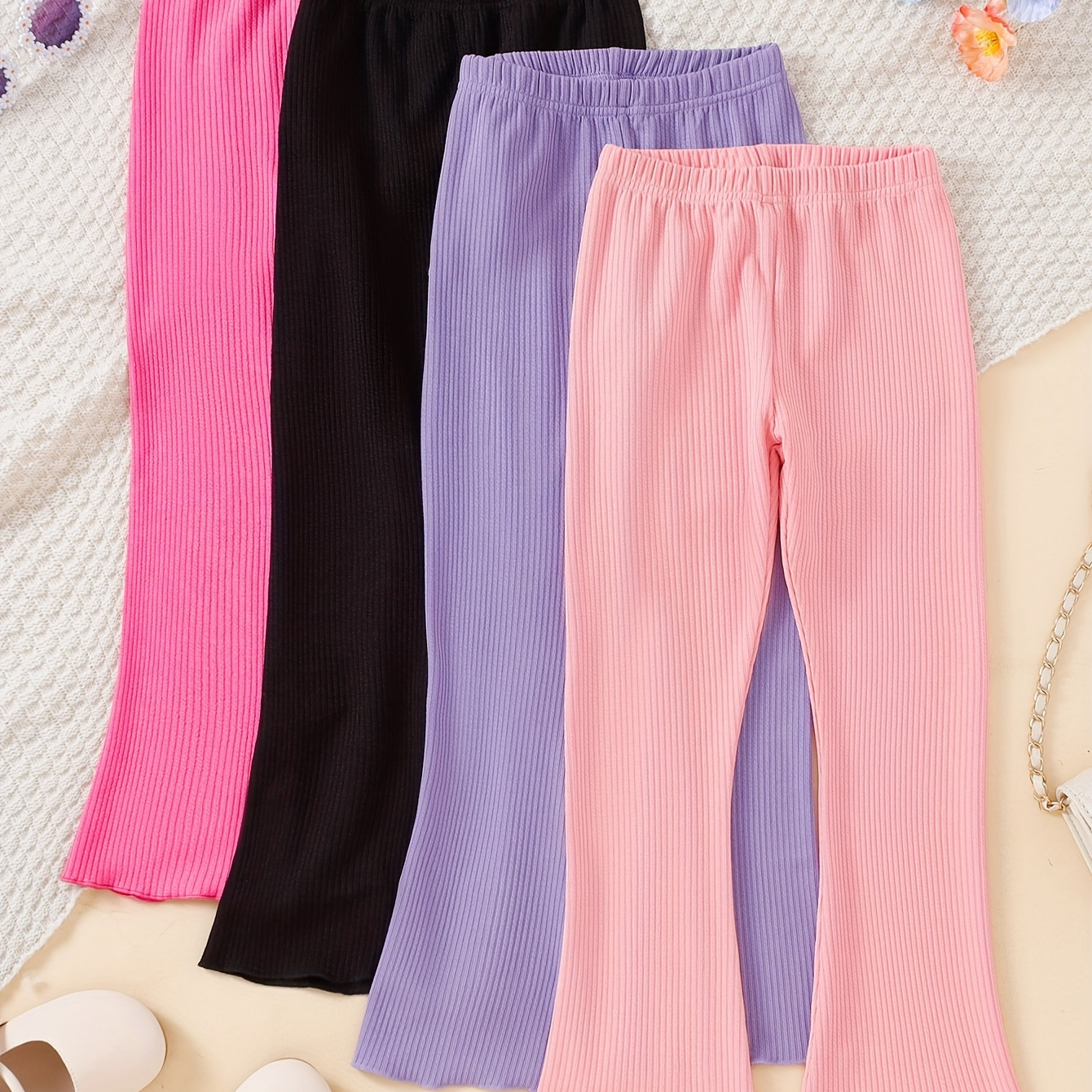 

Girls 4-piece Comfy & Fit Solid Colored Ribbed Flared Leggings For Daily Wear Versatile Clothing