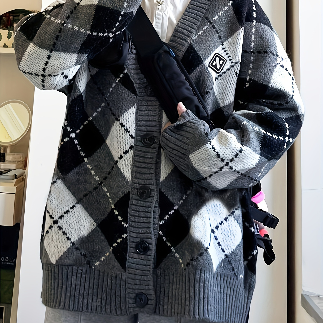 

Plaid Button Down Knit Cardigan, Preppy Long Sleeve Loose Sweater With Pocket, Women's Clothing