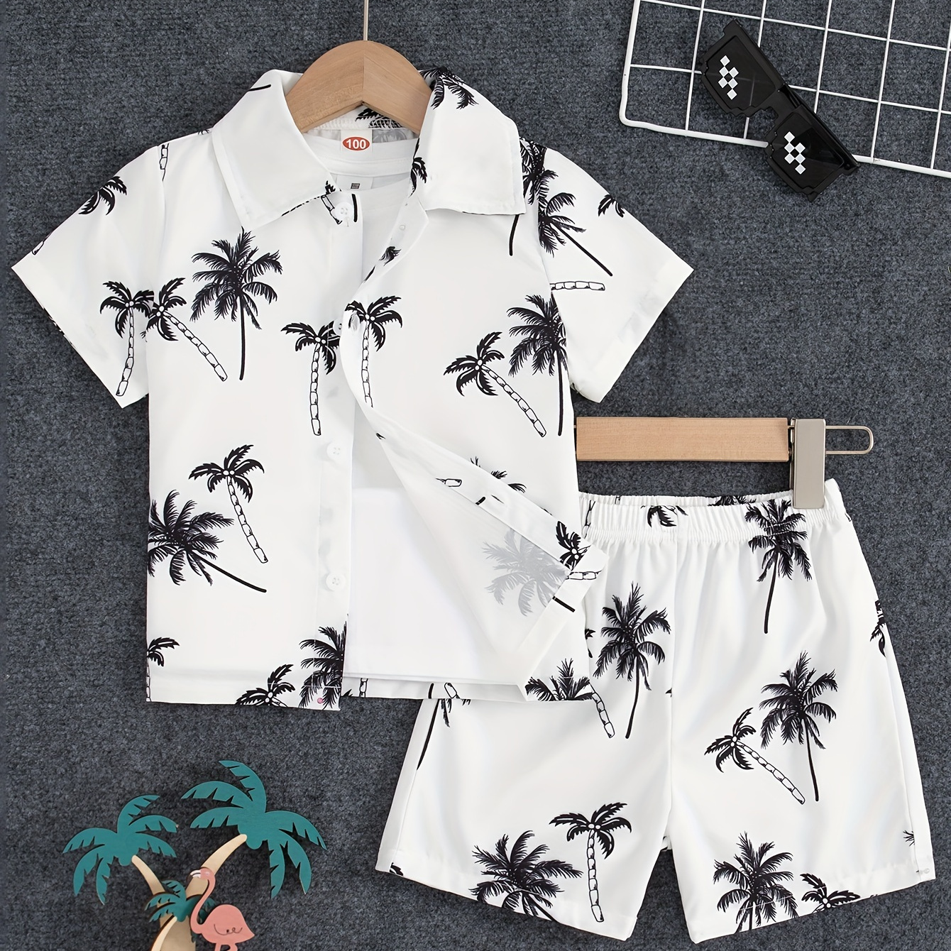 

2pcs Boys Stylish Coconut Tree Full Graphic Print Short Sleeve Lapel Shirt & Shorts Set, Comfy Summer Boys Clothing