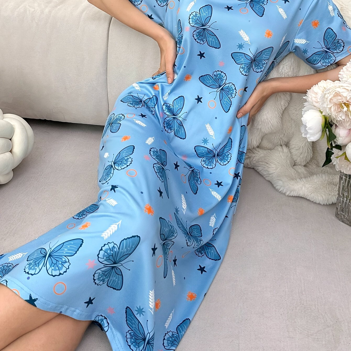 

Women's Butterfly Print Casual Sleepwear Dress, Short Sleeve Round Neck Loose Fit Midi Dress, Comfortable Nightgown