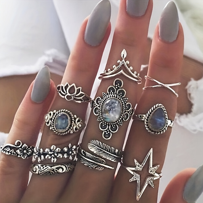 

Vintage Carved Starry Gemstone 11pcs Combo Set Rings Boho Jewelry For Women Girls