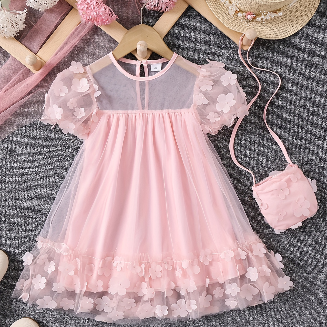 

Sweet Flower Decor Girls Puff Short Sleeve Princess Tutu Dress With Bag, Dreamy Mesh Dress For Summer Party Gift Holiday