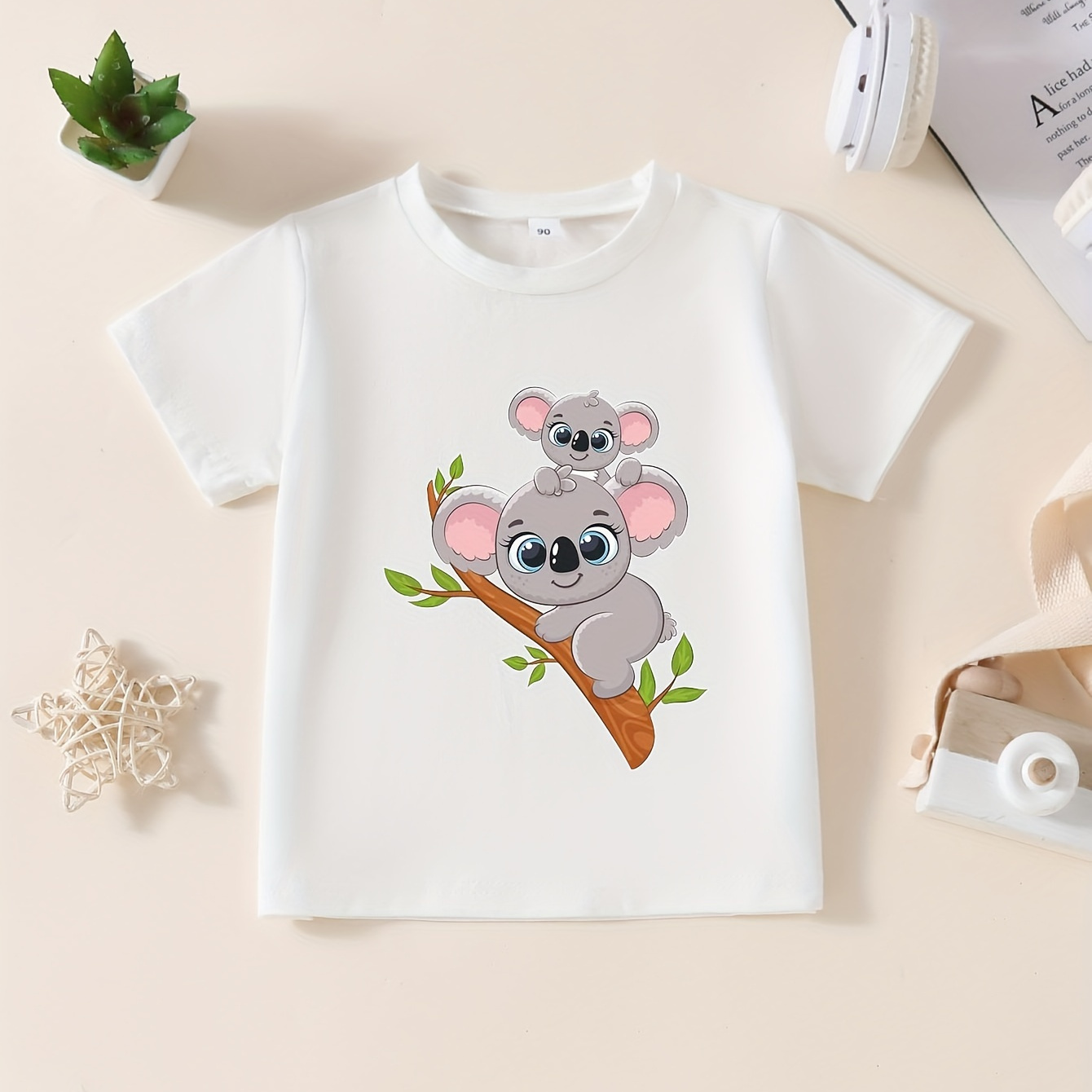 

Cartoon Koalas With Branch Graphic Print, Girls' Comfy & Chic Short Sleeve Crew Neck Cotton Tee For Spring & Summer, Girls' Clothes