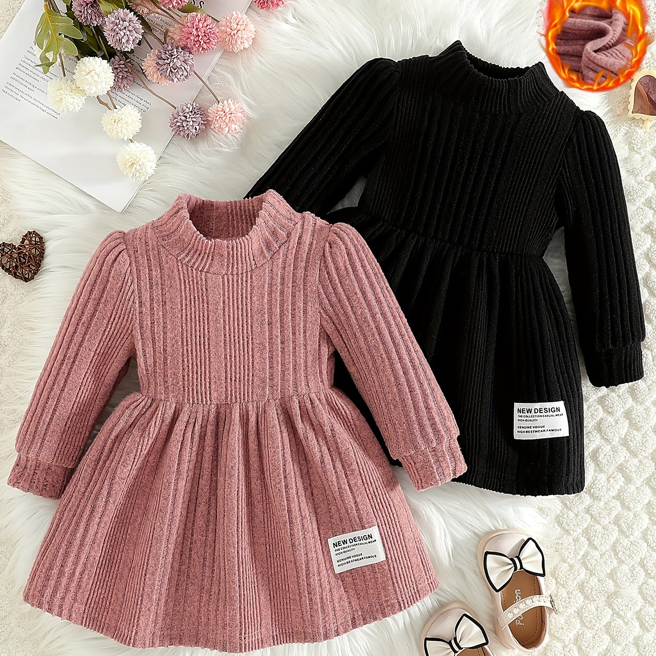 

Toddler Ribbed Knit Long Sleeve Dress - 97% Polyester, 3% Elastane, Cute Solid Color Playwear With Slight Stretch For Spring/fall, 2-pack Set