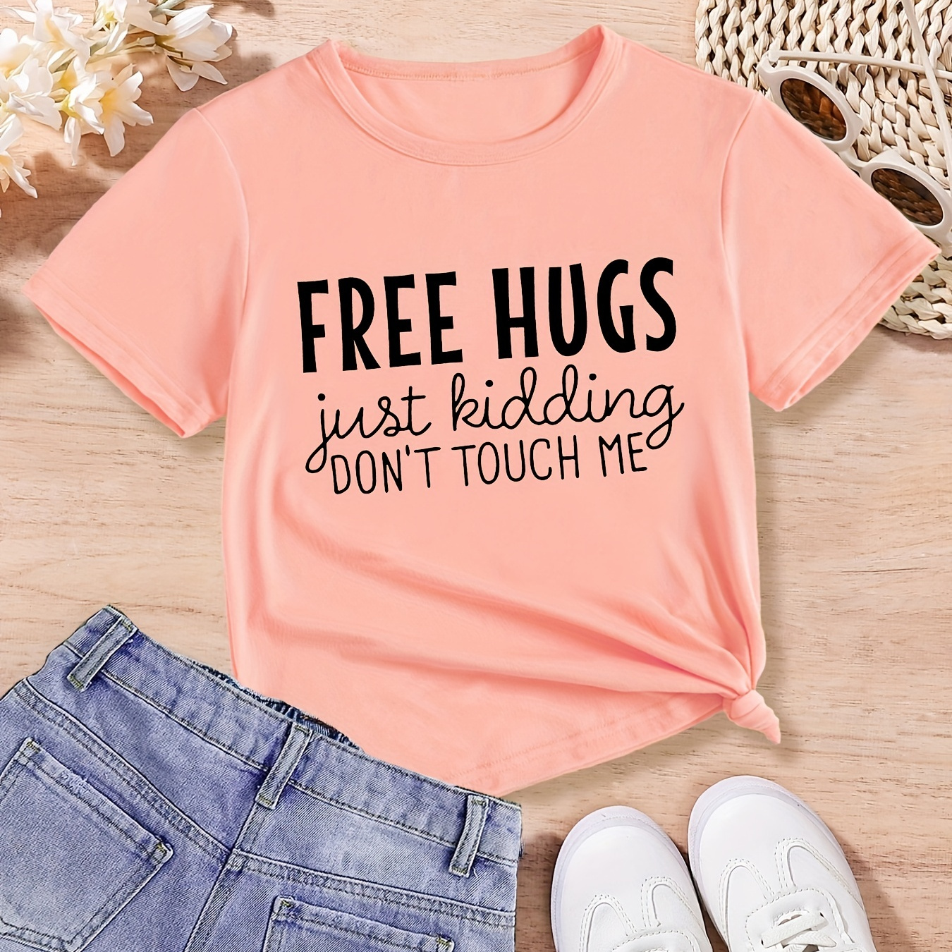 Girls T-Shirt ''Free Hugs Just Kidding'' Funny Print Short Sleeve Tee Shirts Cute Kids Casual Tops Clothing