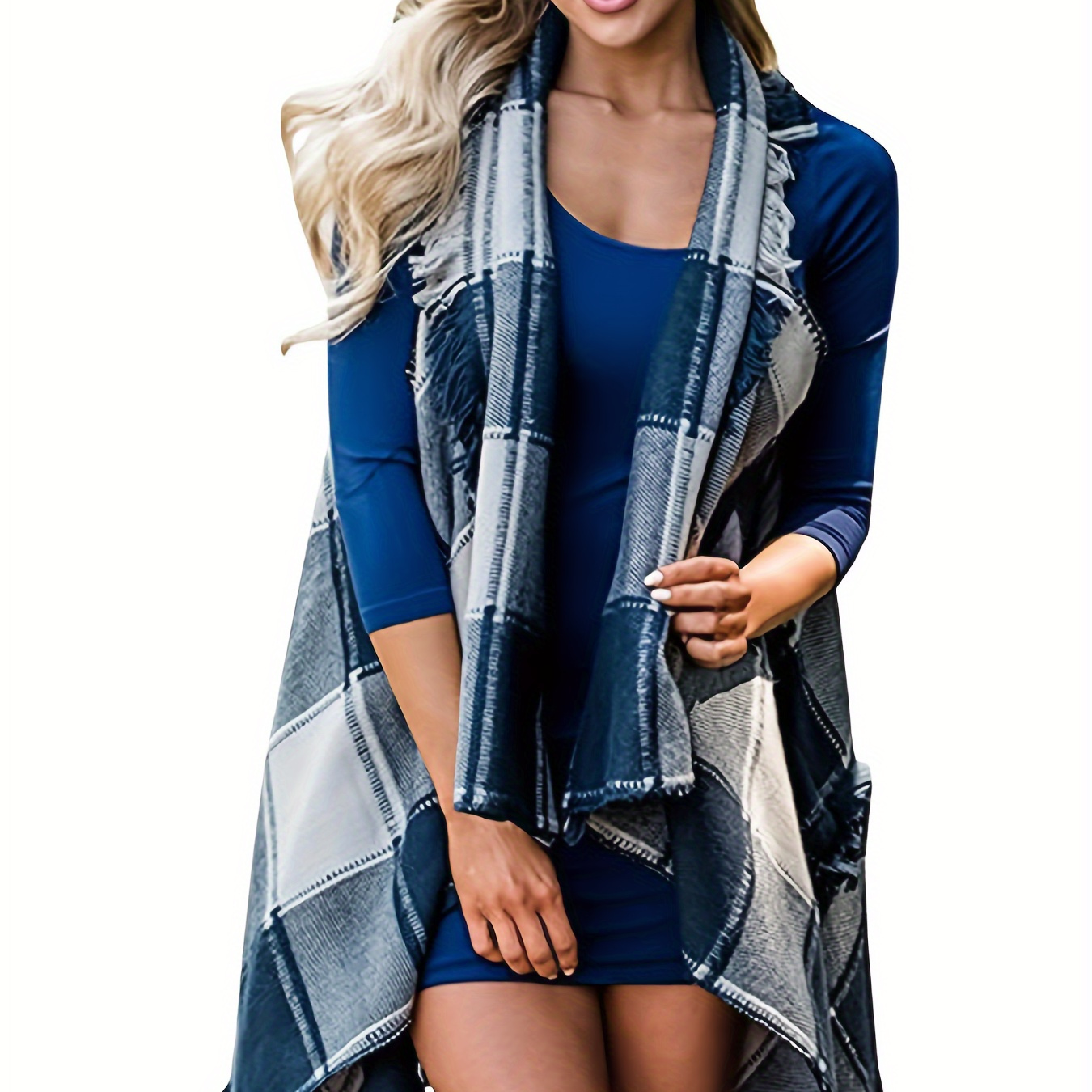 

Plaid Print Vest Jacket With Fringe, Elegant Open Front Sleeveless Vest For Fall & Spring, Women's Clothing