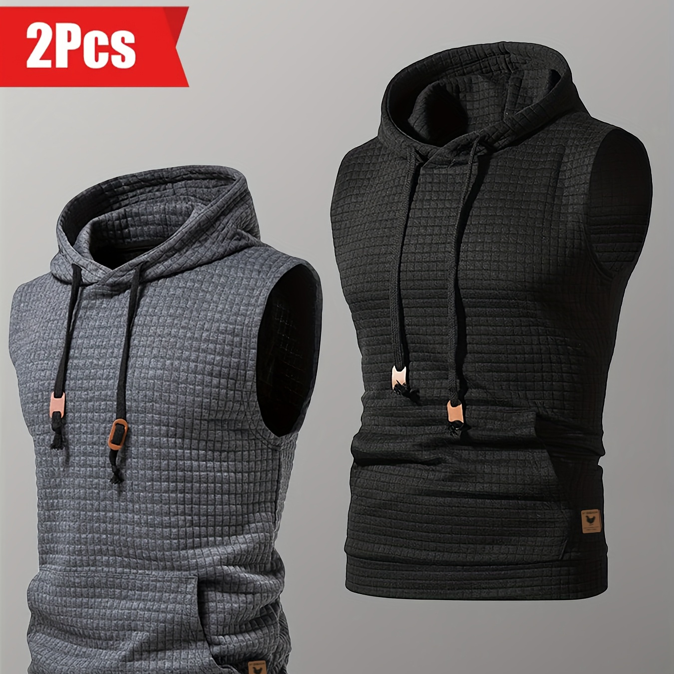 

's Hooded Vest With Jacquard Fabric And Pockets, Hoodie With Pocket, Outdoor Running Vest With Drawstring, Fashionable And Casual Sleeveless Sports Shirt Vest Two-piece Set