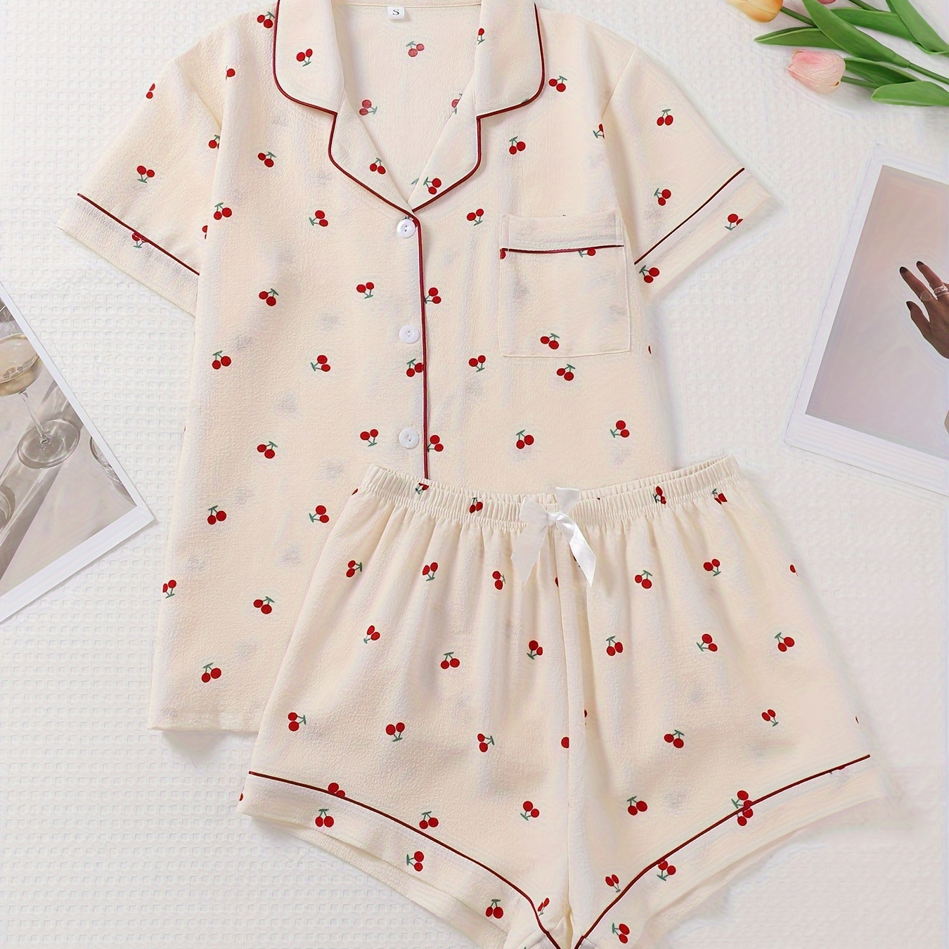 

Allover Cherry Print Textured Pajama Set, Cute Short Sleeve Buttons Lapel Top & Elastic Shorts, Women's Sleepwear
