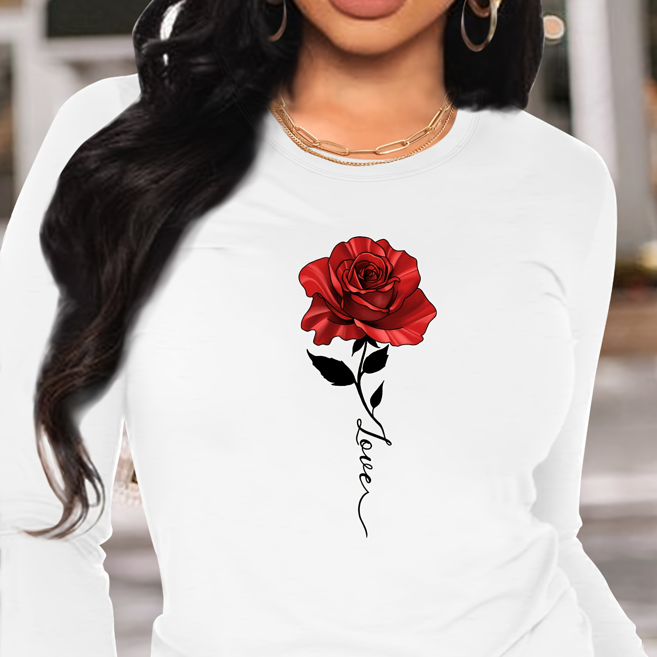 

Rose Print T-shirt, Long Sleeve Crew Neck Casual Top For Spring & Fall, Women's Clothing