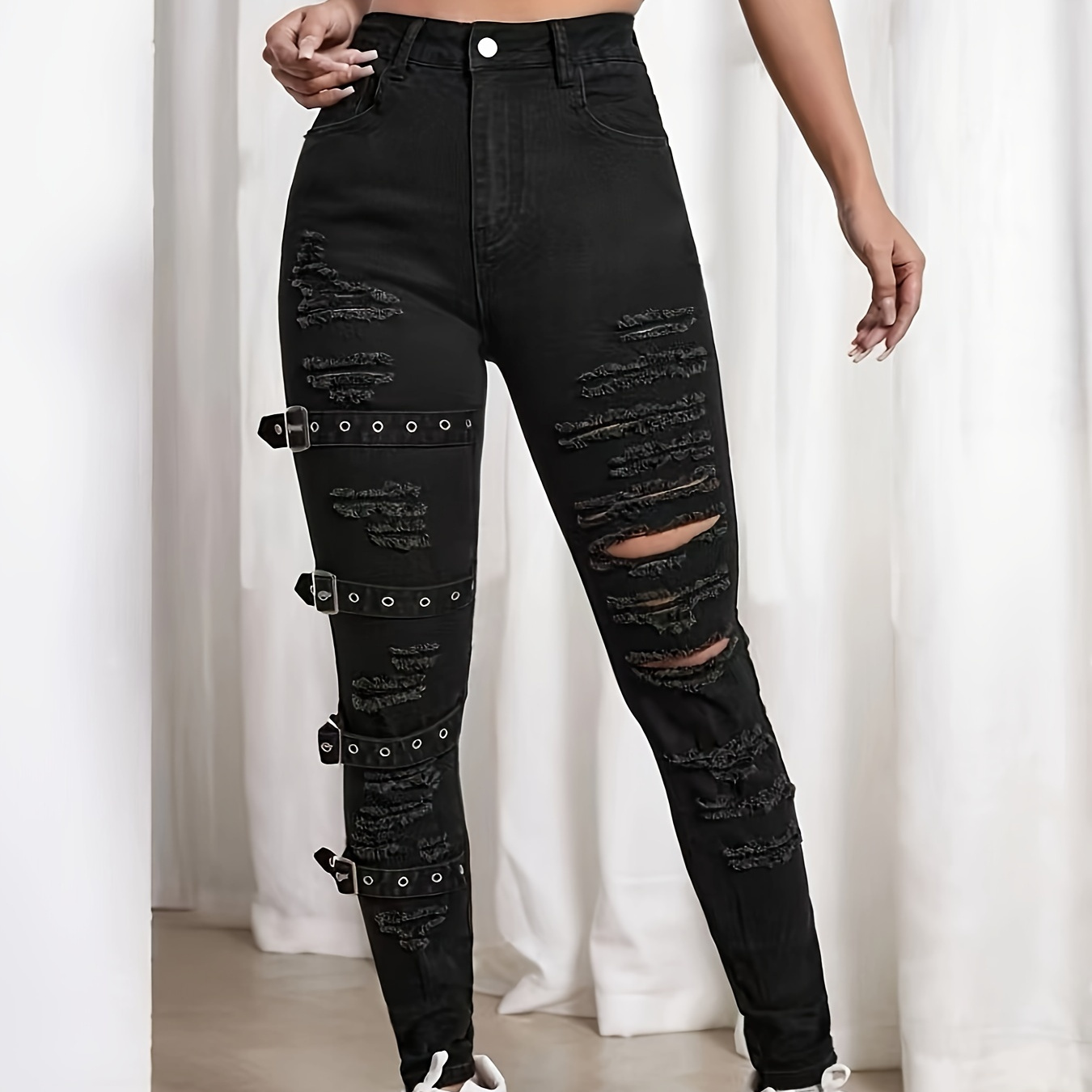 

Women's Stretchy Fashionable Distressed Skinny Jeans With Buckle Detail, Casual Style, Black Color Plain Denim Pants