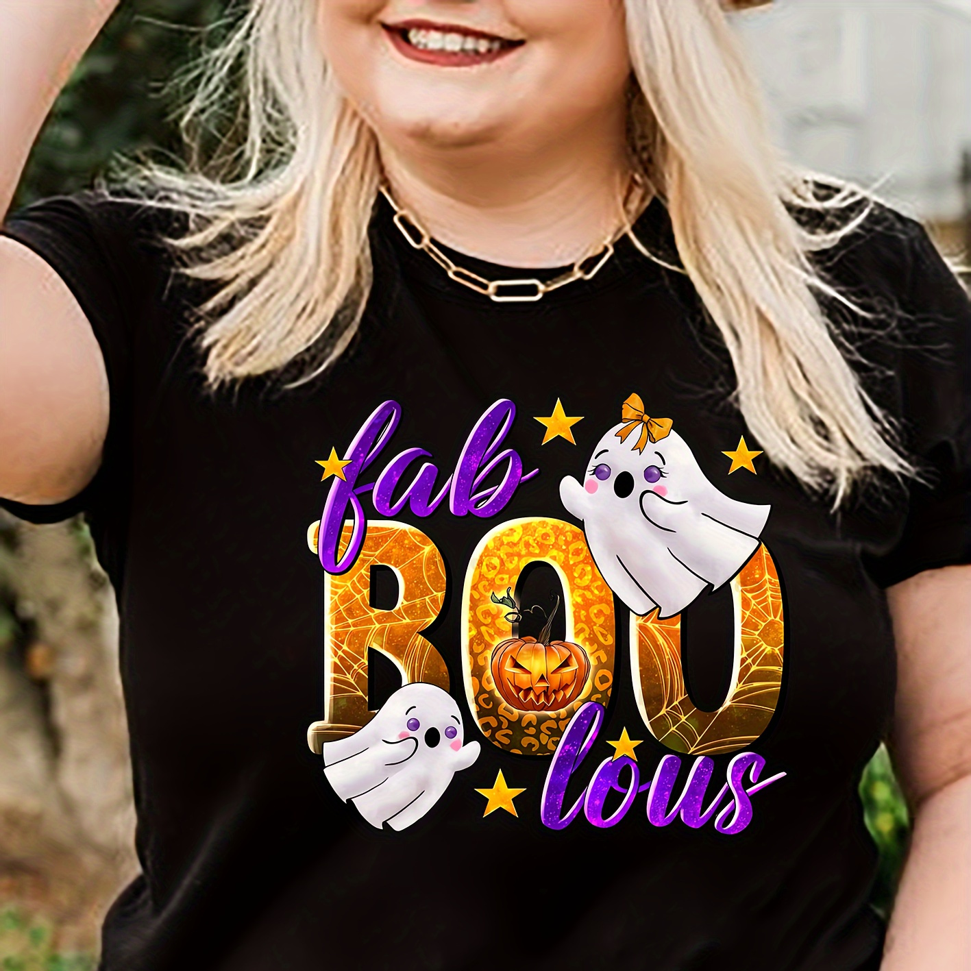 

Women's Plus Size Casual Sporty T-shirt, "fab-boo-lous" Pumpkin And Ghosts Print, Halloween Comfort Fit Short Sleeve Tee, Fashion Breathable Casual Top