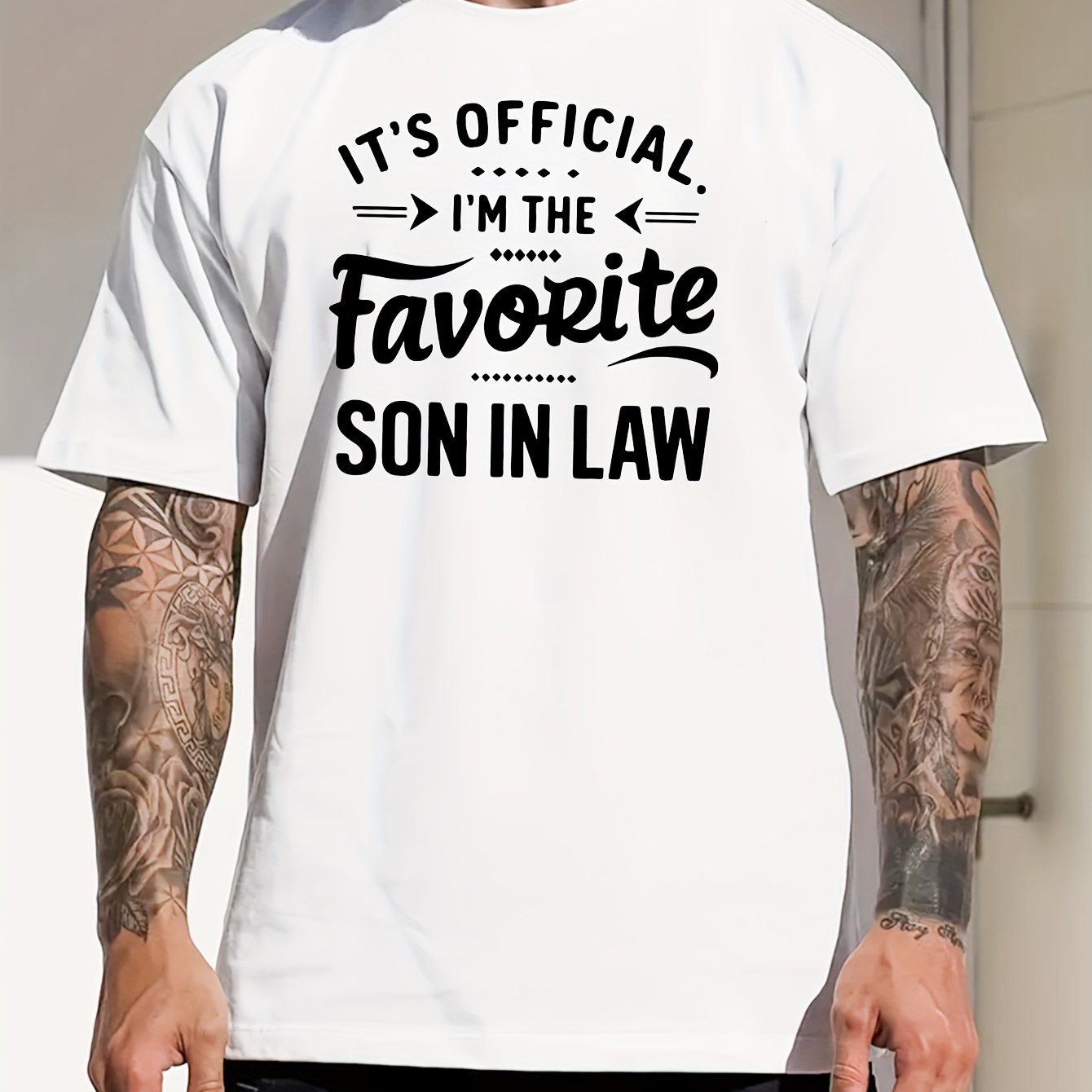 

The Favorite Son-in-law Letters Print T-shirt, Stylish And Breathable Street , Simple Comfy Cotton Top, Casual Crew Neck Short Sleeve T-shirt For Summer