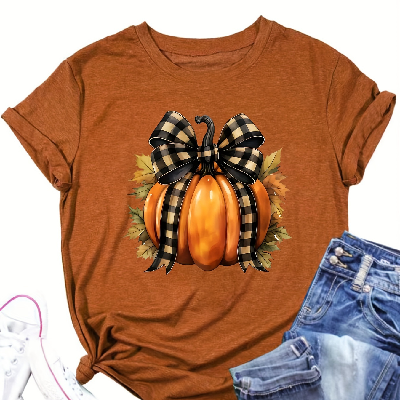 

1pc Women's Casual Crew Neck T-shirt With Pumpkin - Knit Fabric, Regular Fit, Slight Stretch, Top With Plant Pattern - Polyester 60%, Spandex 5%, Rayon 35%