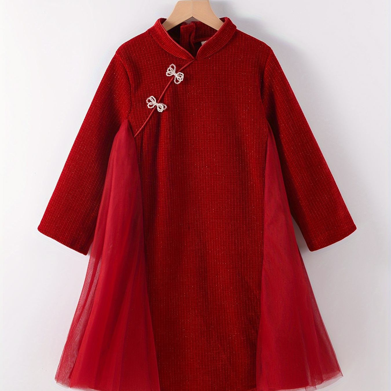 

Girls Red Chinese Style Long Sleeve Bow Decor Side Mesh Dress, Stylish And For Christmas And New Year