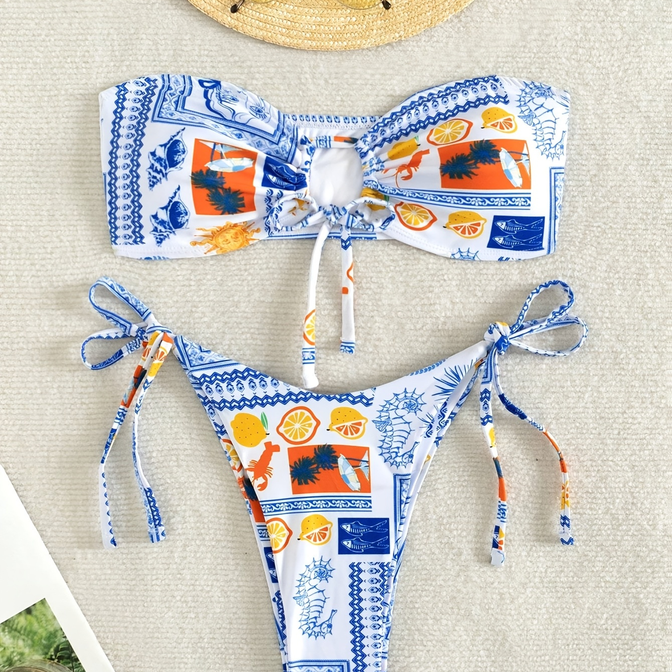 

Chic Boho Print Bandeau Bikini Set With Tie-side Bottoms - Stretchy, Machine Washable Women's Swimwear, Tribal Print, Random Print