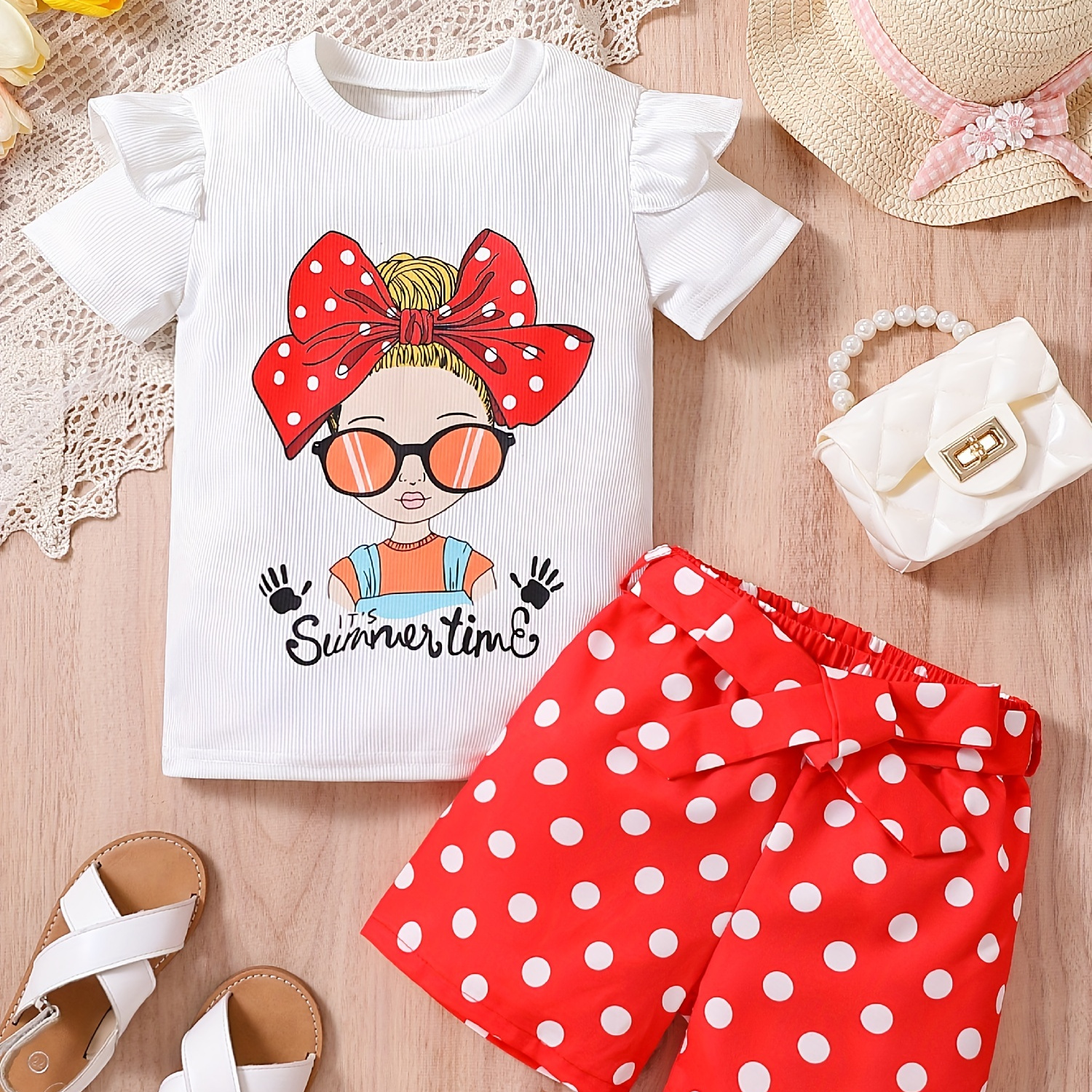 

2pcs Girls Bow Figure Graphic Ruffle Trim T-shirt Tops & Polka Dot Graphic Belted Shorts Set Kids Summer Clothes