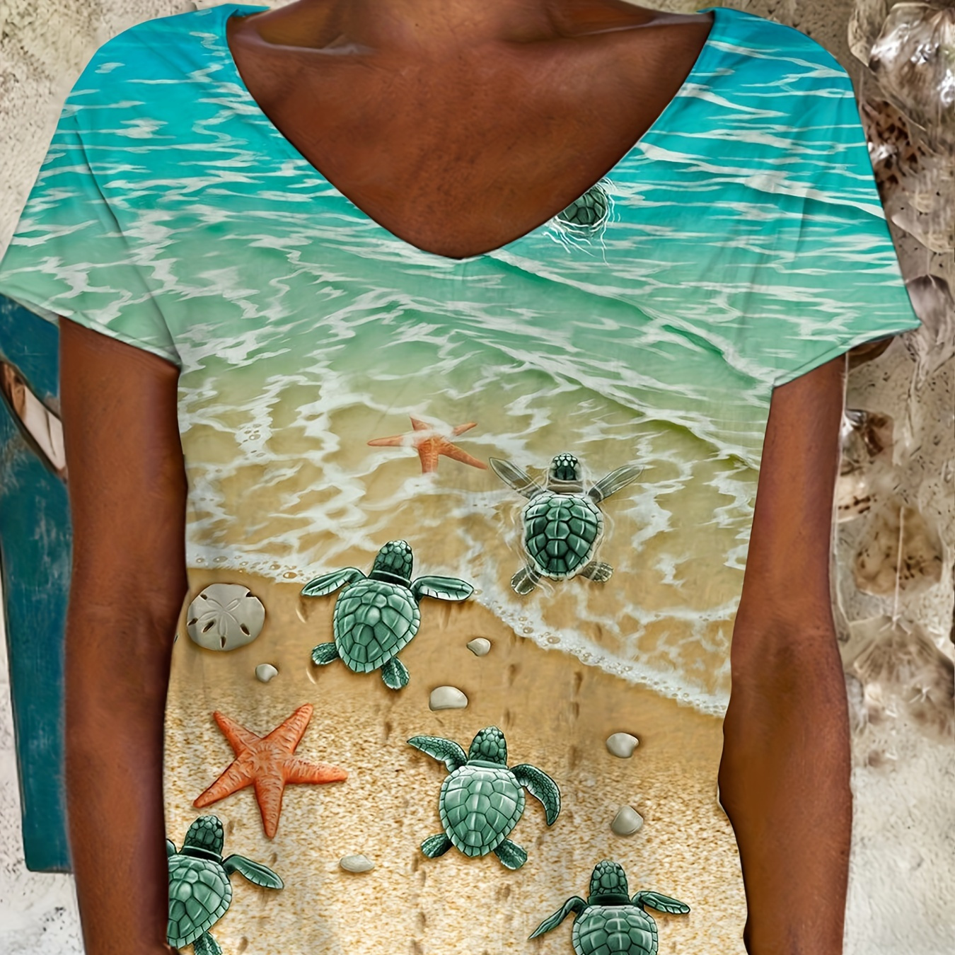 

Sea Turtle Print Lounge Tops, Casual Short Sleeve Round Neck T-shirt, Women's Loungewear