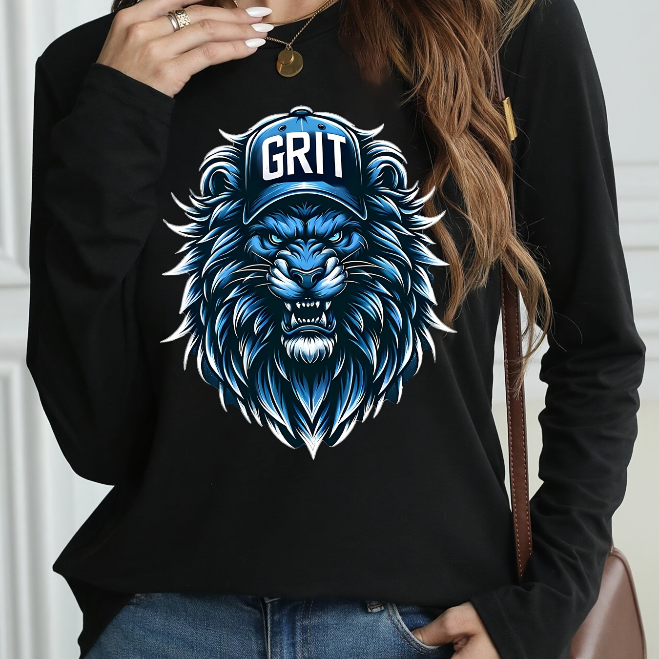 

Women's Grit Graphic T-shirt, Long Sleeve Crew Neck Casual Top, Animal Print Knit Polyester , , 65% Polyester 30% Rayon 5% Elastane, 180gsm - Casual Wear