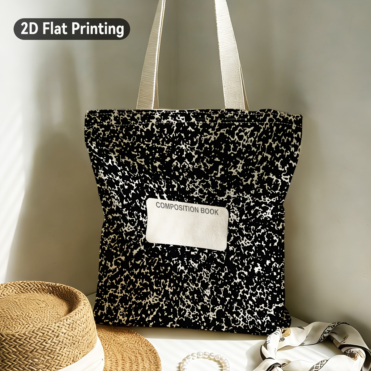 TEMU 2d Flat 1pc Grunge Style Composition Notebook Pattern Durable Tote Bag, Back To School, Duplex Prints Black And White , Ideal For Grocery