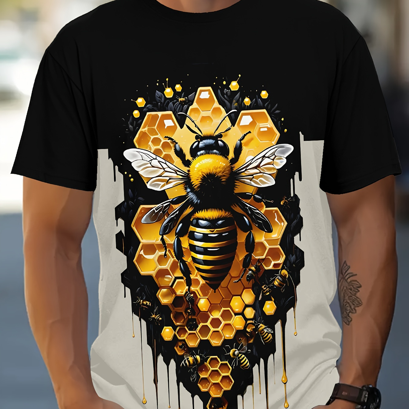 

Men's Bee Graphic Print T-shirt, Short Sleeve Crew Neck Tee, Men's Clothing For Summer Outdoor