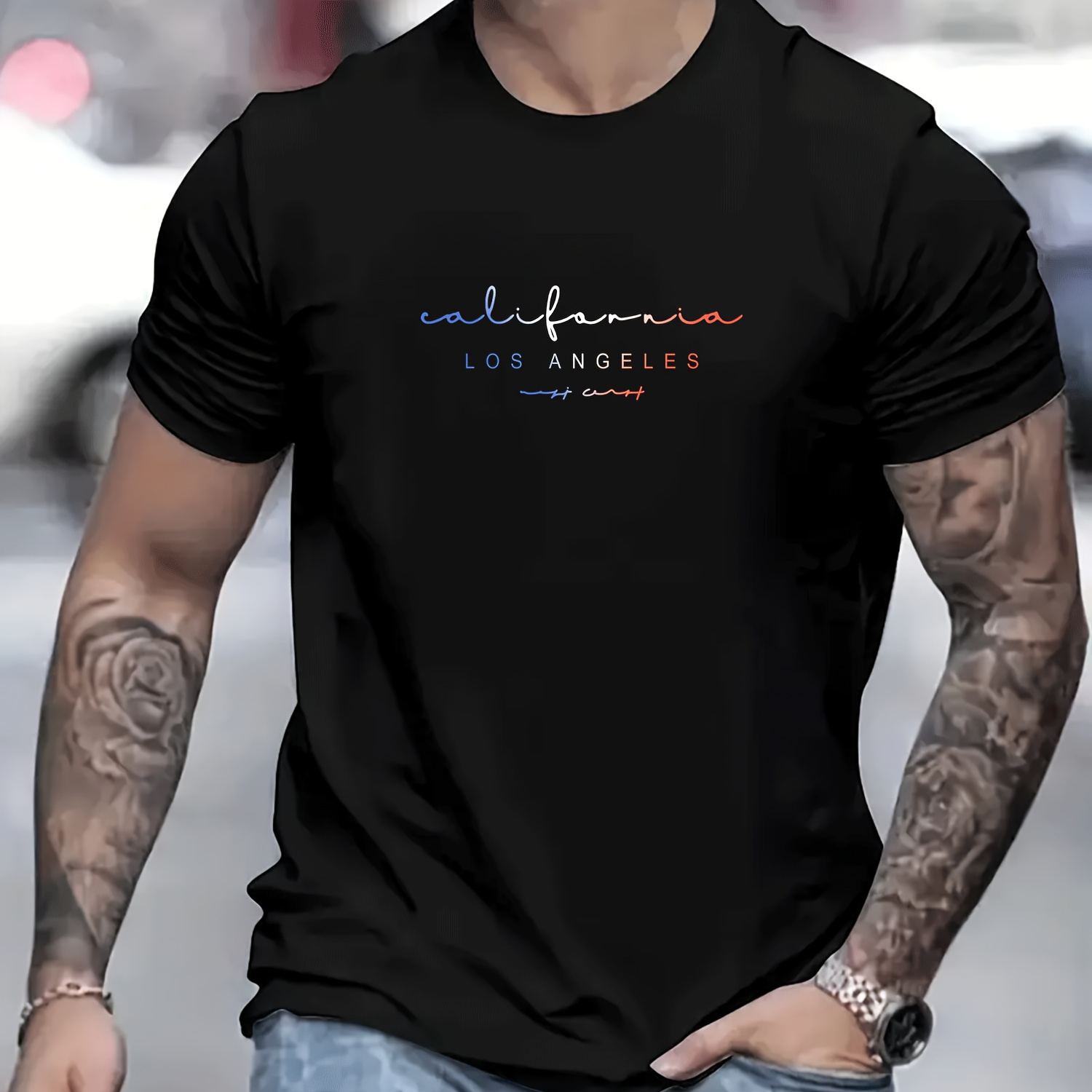 

los Angeles" Print T-shirt, Men's Casual Street Style Stretch Round Neck Tee Shirt For Summer