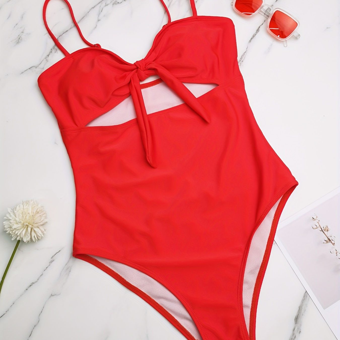 

Red V Neck Bathing Suit, Cut Out Spaghetti Straps Knot Front Tummy Control High Cut 1 Piece Swimsuit, Women's Swimwear & Clothing
