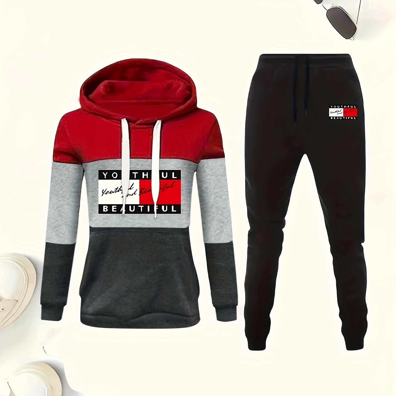 

Women's And Pants Set - Pattern Sweatshirt And Jogger Pants , Long Sleeve, Hooded, Polyester , /