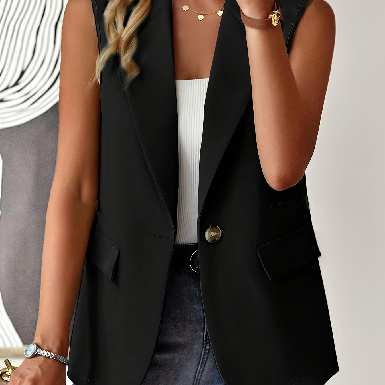 

Solid Color Sleeveless Blazer Vest, Elegant Lapel Neck Button Front Vest For Spring & Summer, Women's Clothing
